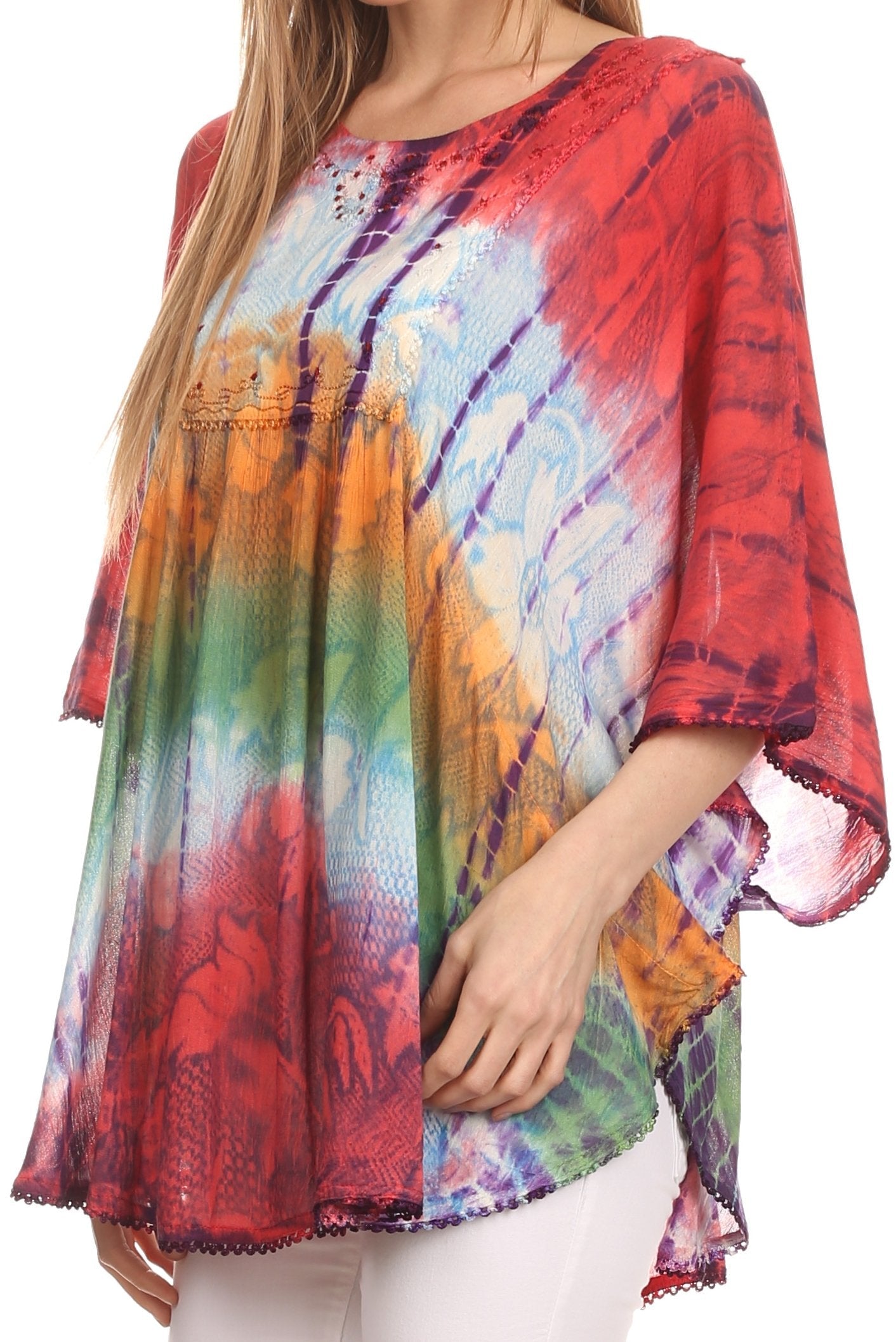 Sakkas - Ellesa Ombre Tie Dye Circle Poncho Blouse Shirt Top With Sequin Embroidery
