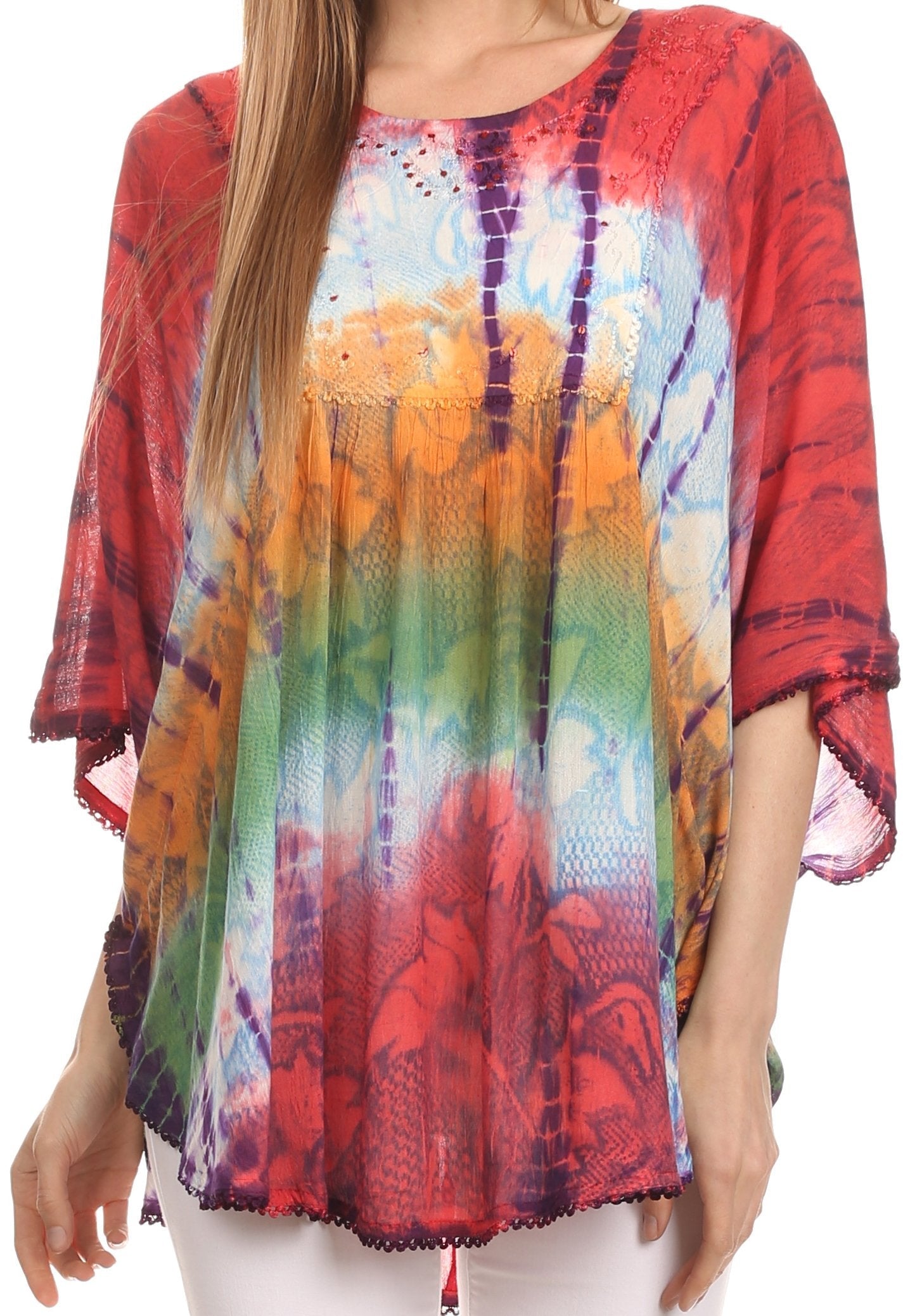 Sakkas - Ellesa Ombre Tie Dye Circle Poncho Blouse Shirt Top With Sequin Embroidery