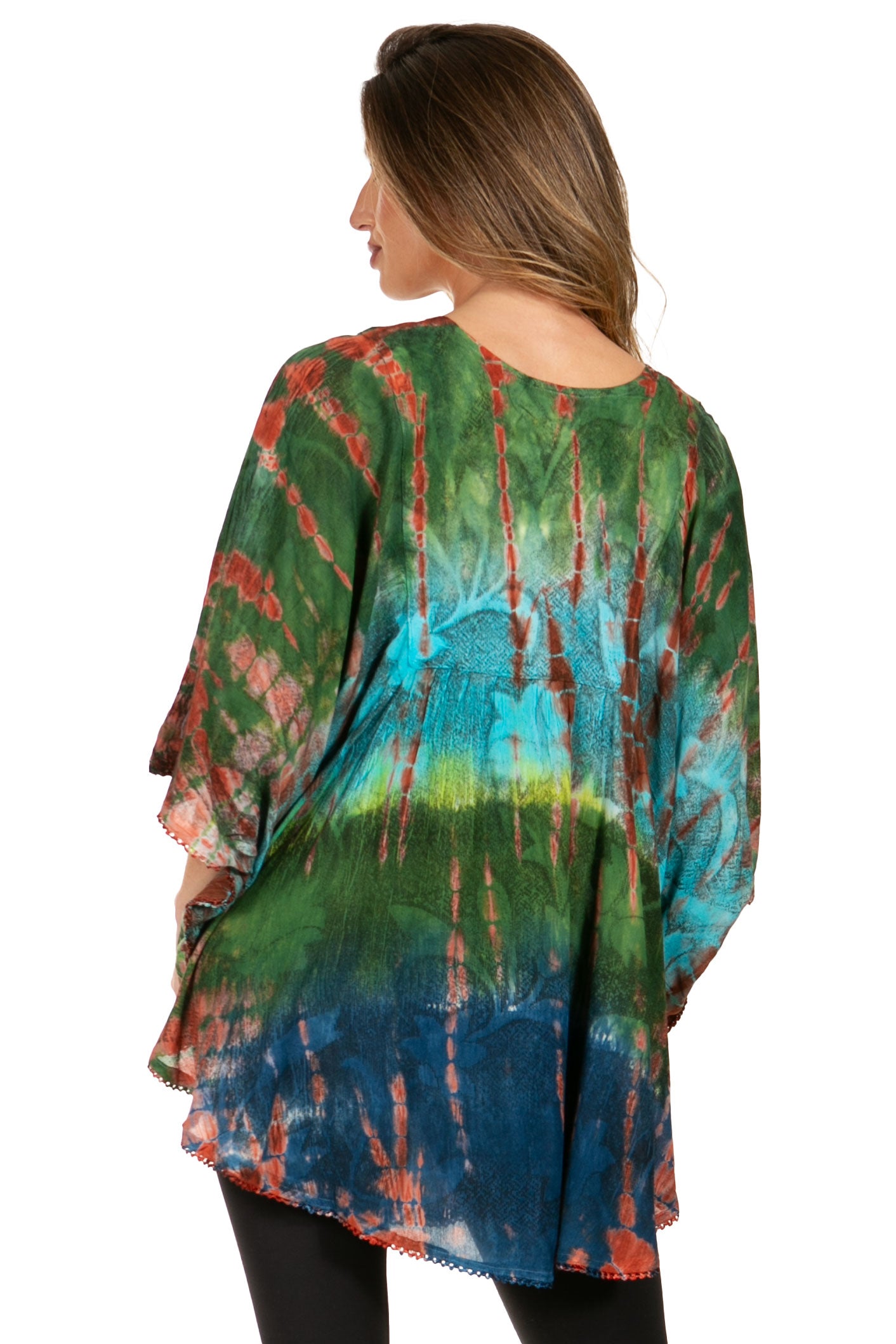 Sakkas - Ellesa Ombre Tie Dye Circle Poncho Blouse Shirt Top With Sequin Embroidery