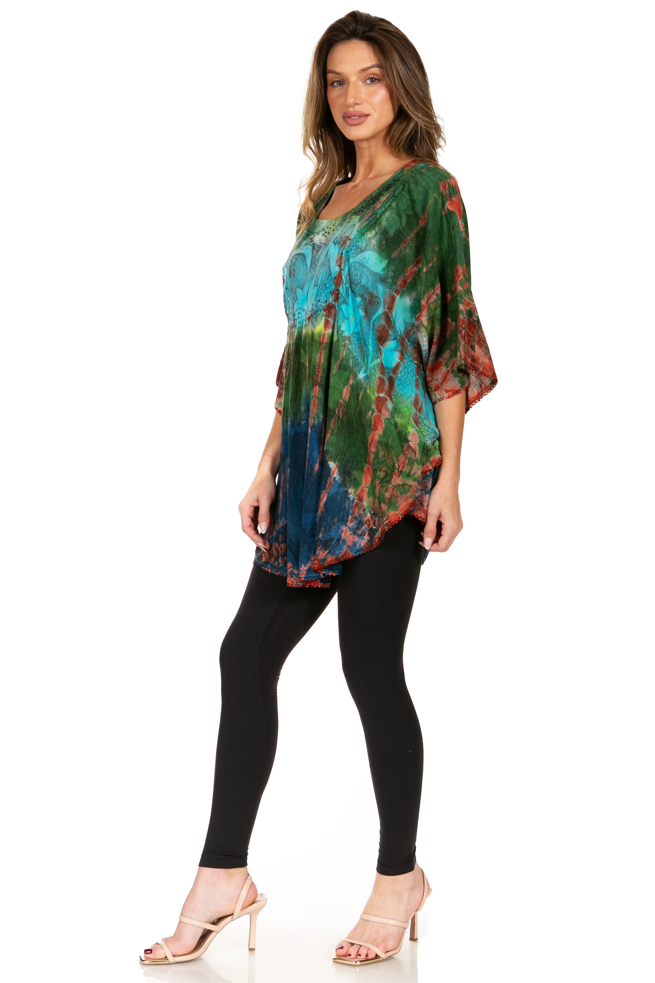 Sakkas - Ellesa Ombre Tie Dye Circle Poncho Blouse Shirt Top With Sequin Embroidery