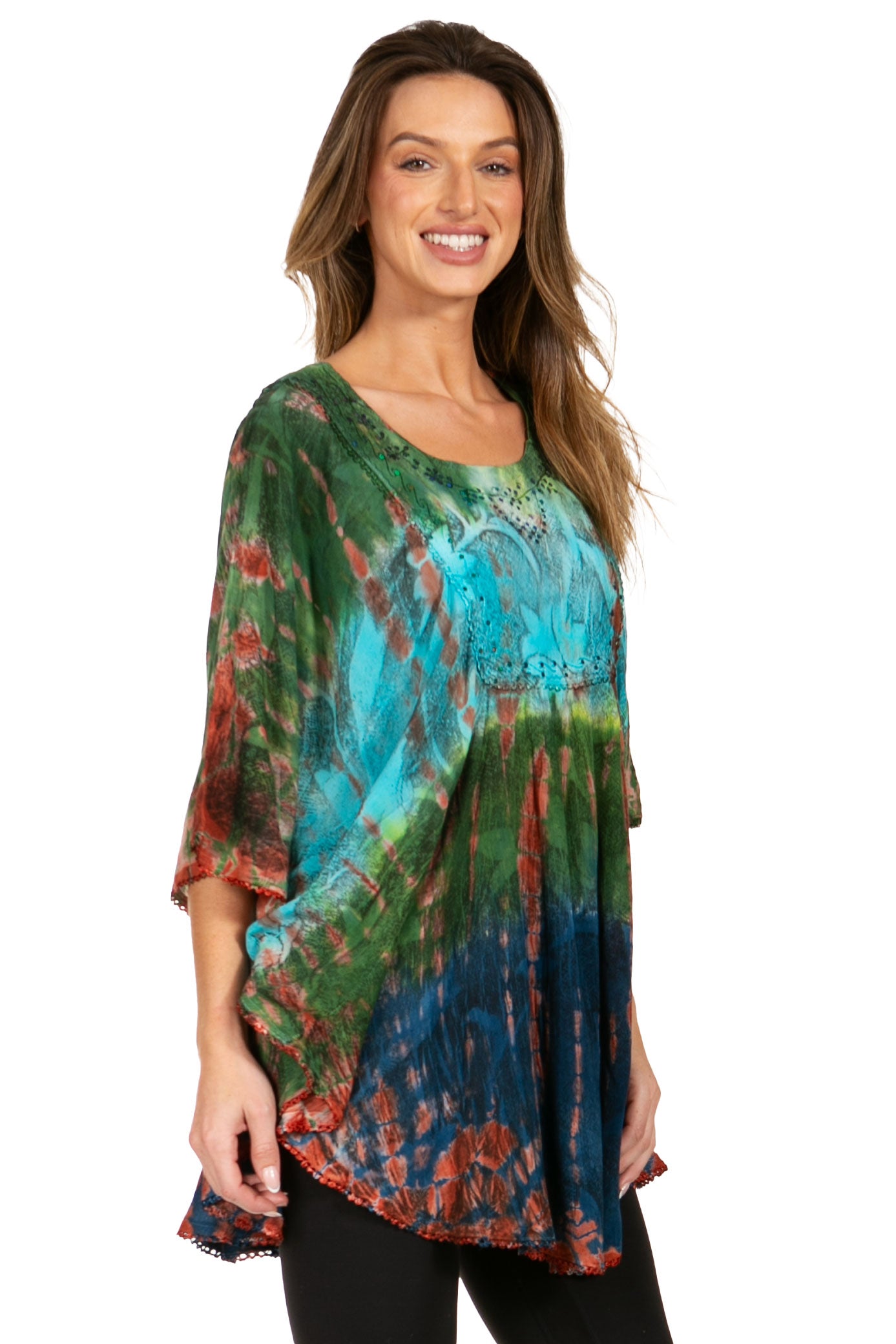 Sakkas - Ellesa Ombre Tie Dye Circle Poncho Blouse Shirt Top With Sequin Embroidery