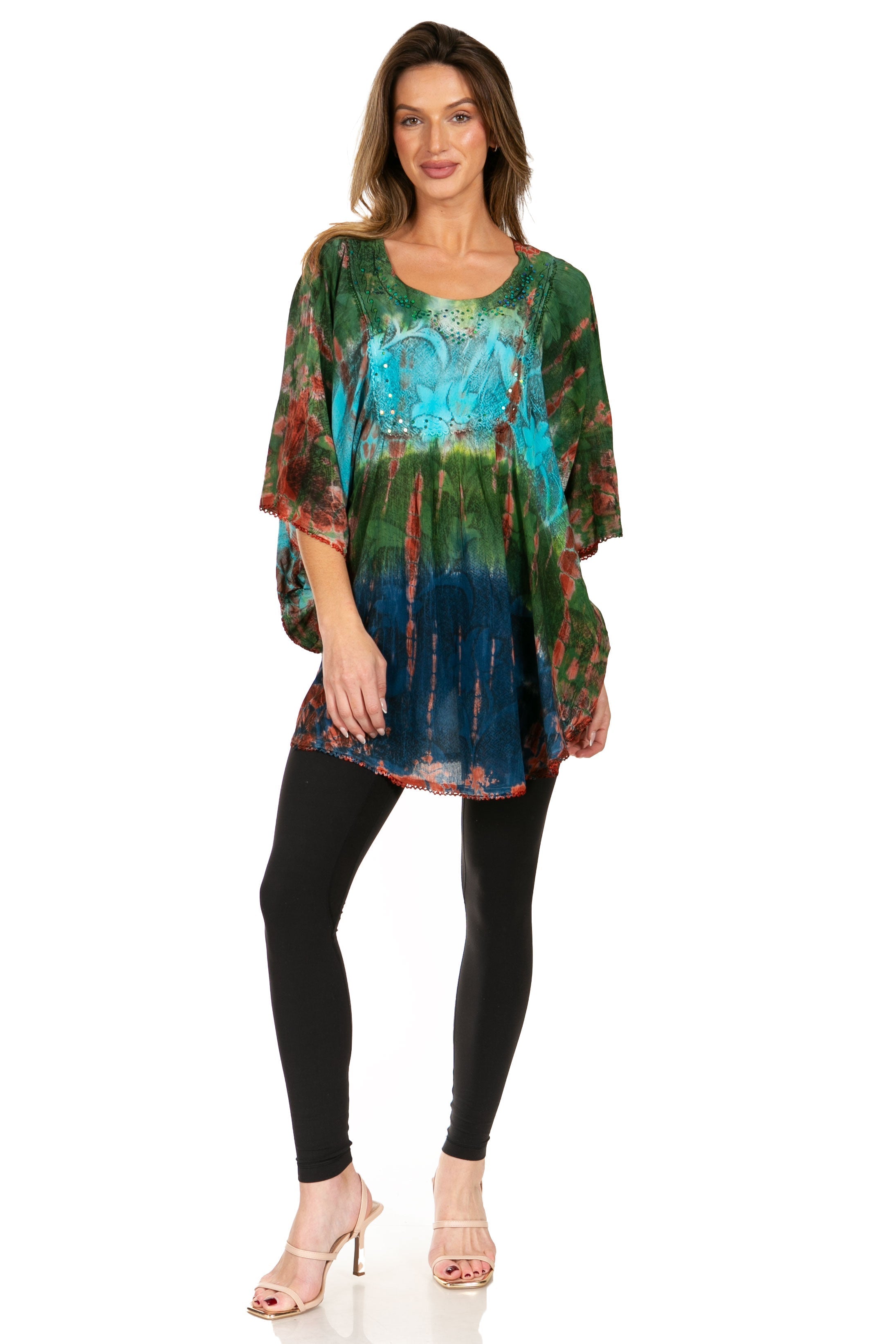 Sakkas - Ellesa Ombre Tie Dye Circle Poncho Blouse Shirt Top With Sequin Embroidery