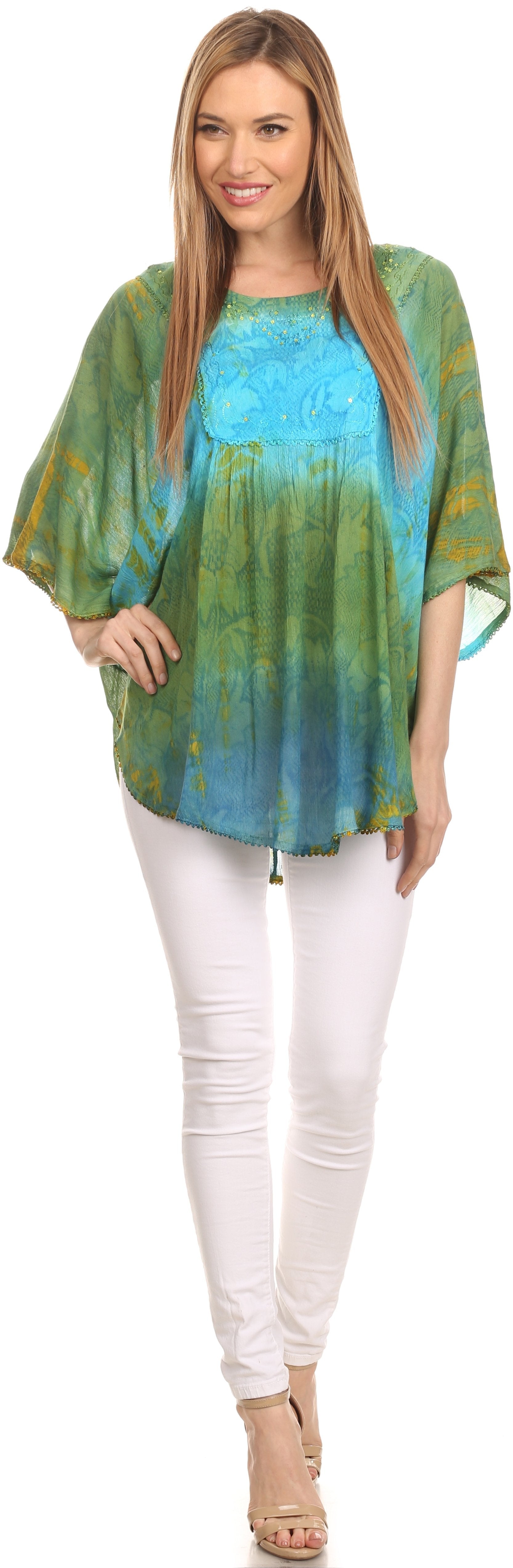 Sakkas - Ellesa Ombre Tie Dye Circle Poncho Blouse Shirt Top With Sequin Embroidery