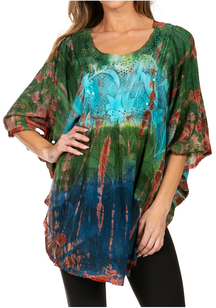 Sakkas - Ellesa Ombre Tie Dye Circle Poncho Blouse Shirt Top With Sequin Embroidery