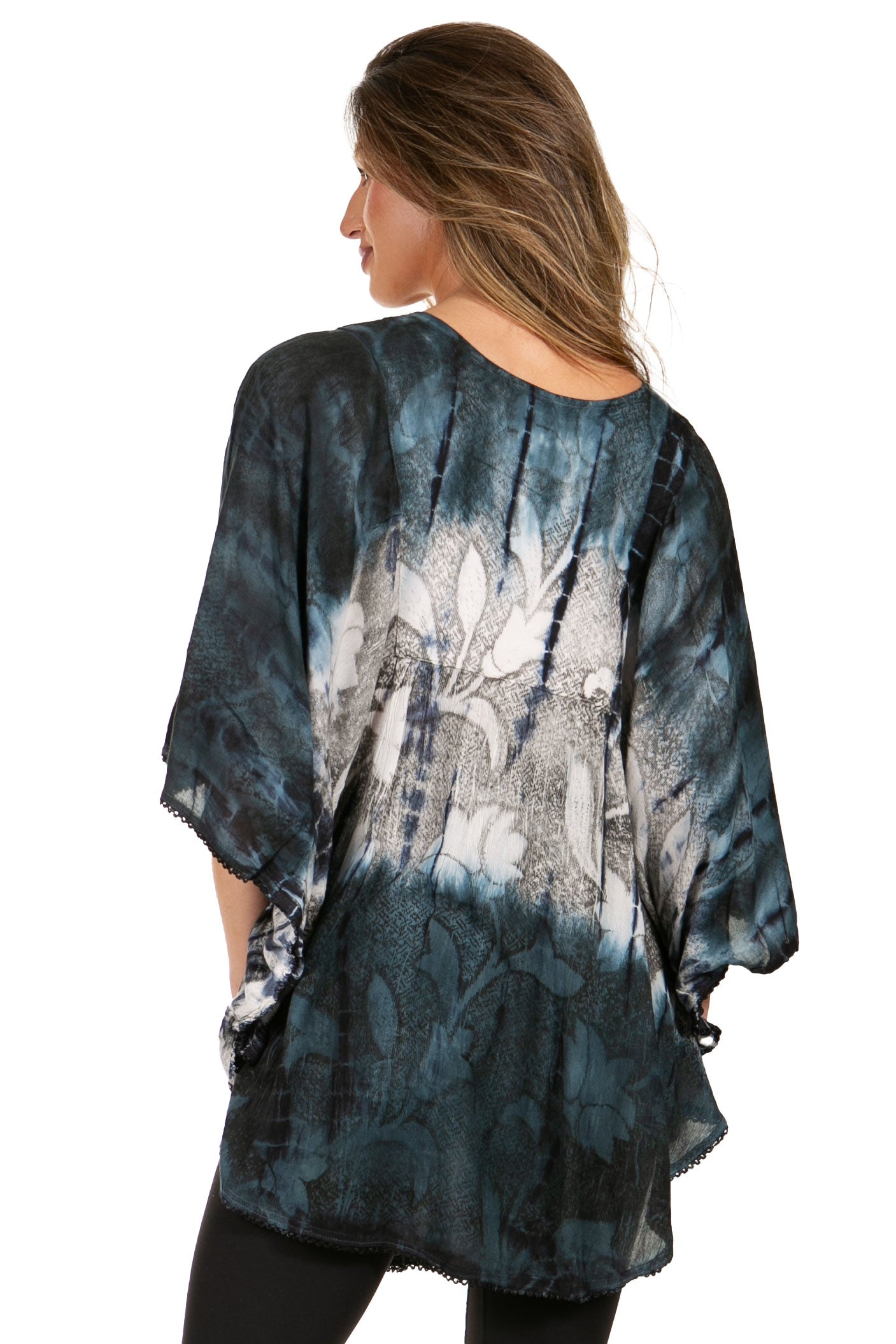 Sakkas - Ellesa Ombre Tie Dye Circle Poncho Blouse Shirt Top With Sequin Embroidery