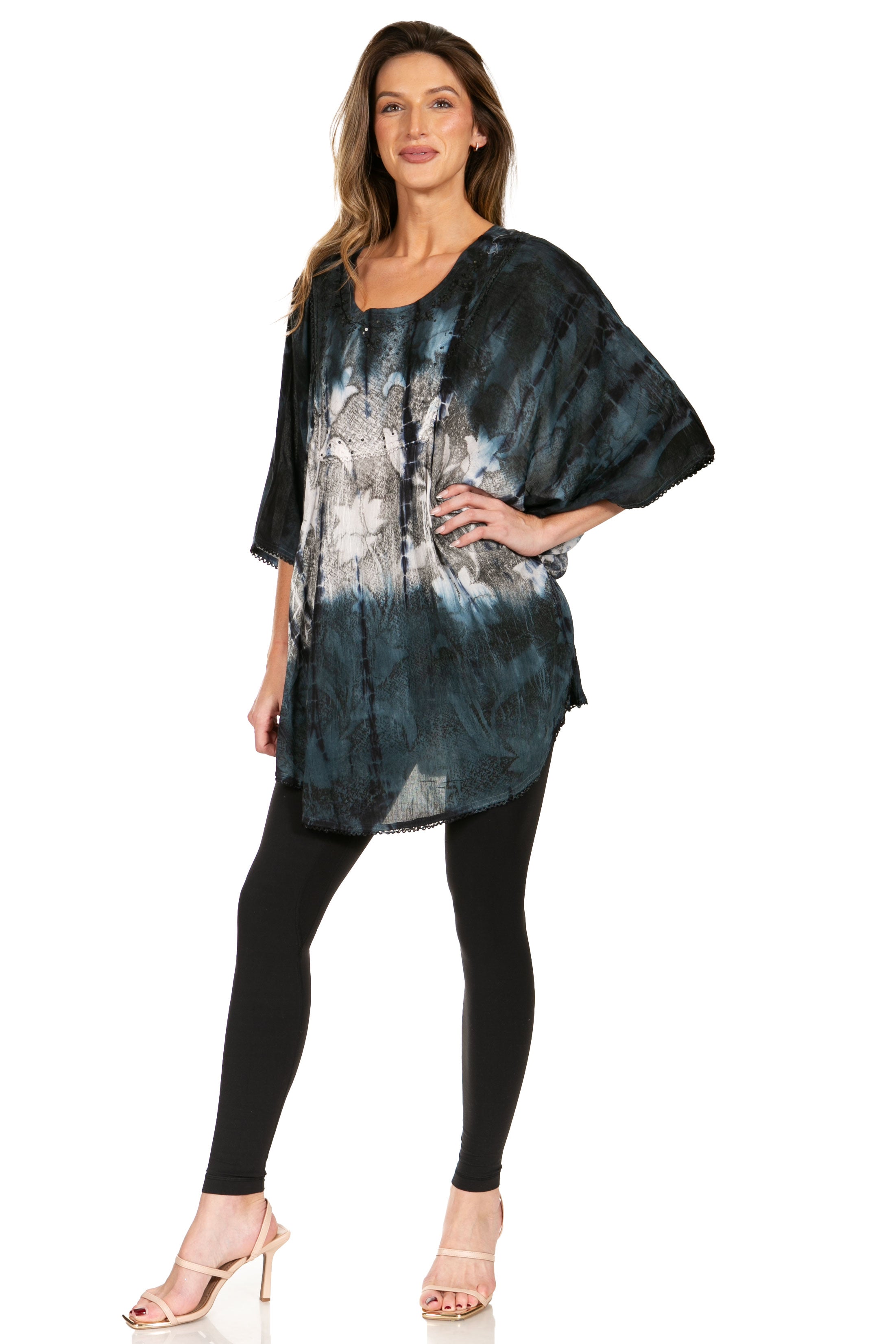 Sakkas - Ellesa Ombre Tie Dye Circle Poncho Blouse Shirt Top With Sequin Embroidery