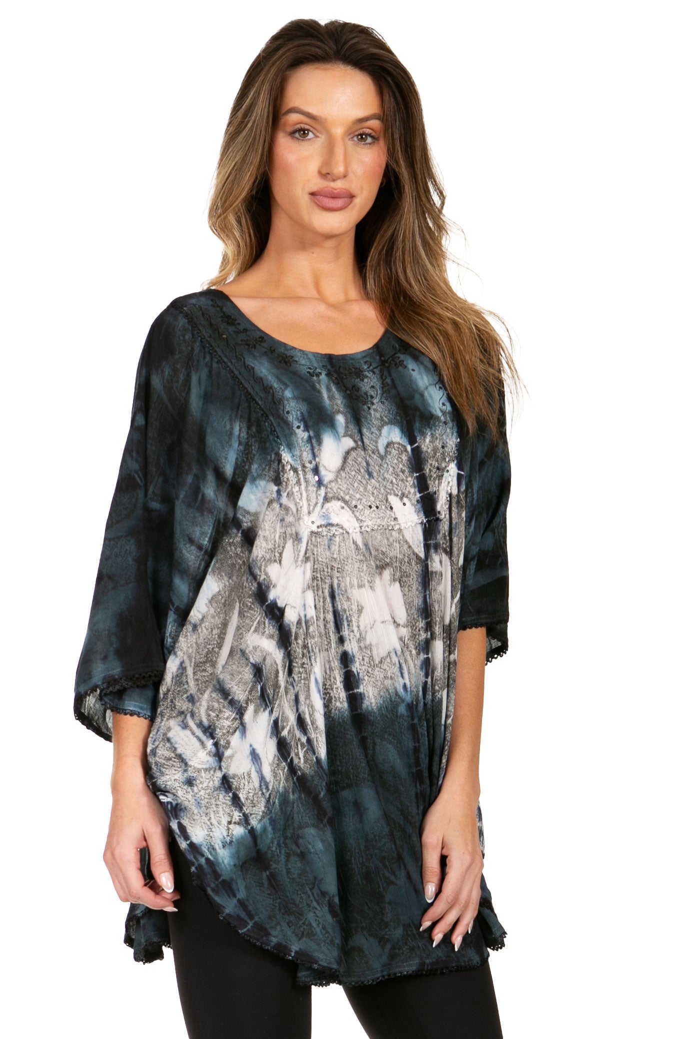 Sakkas - Ellesa Ombre Tie Dye Circle Poncho Blouse Shirt Top With Sequin Embroidery