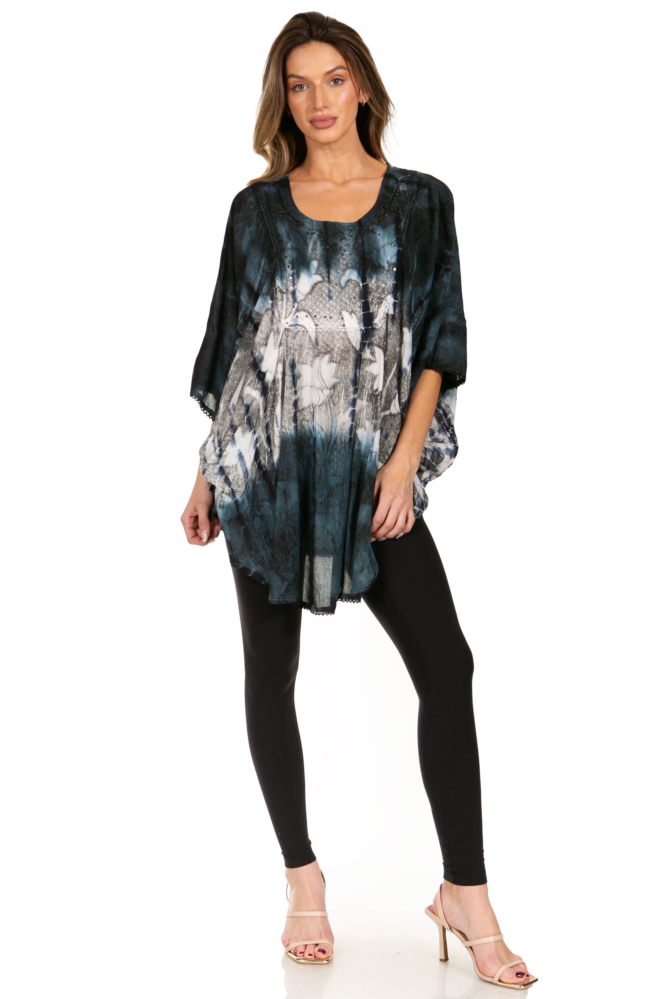 Sakkas - Ellesa Ombre Tie Dye Circle Poncho Blouse Shirt Top With Sequin Embroidery