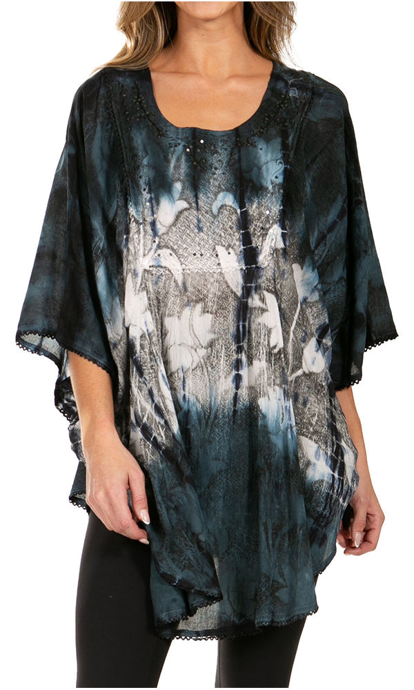 Sakkas - Ellesa Ombre Tie Dye Circle Poncho Blouse Shirt Top With Sequin Embroidery