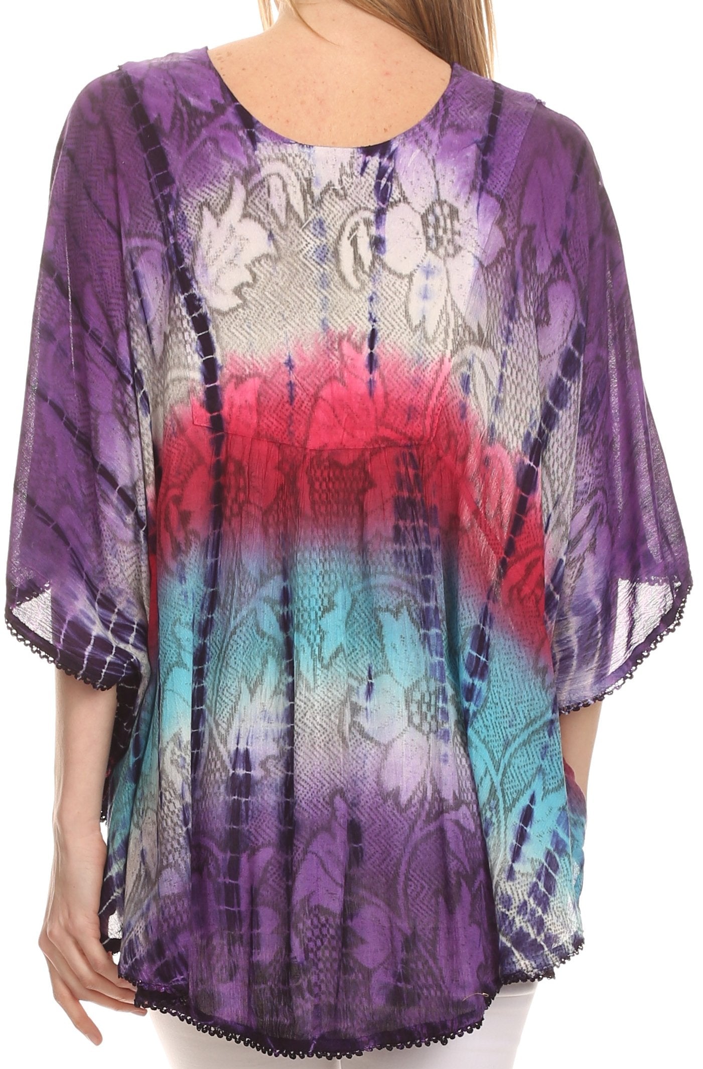 Sakkas - Ellesa Ombre Tie Dye Circle Poncho Blouse Shirt Top With Sequin Embroidery