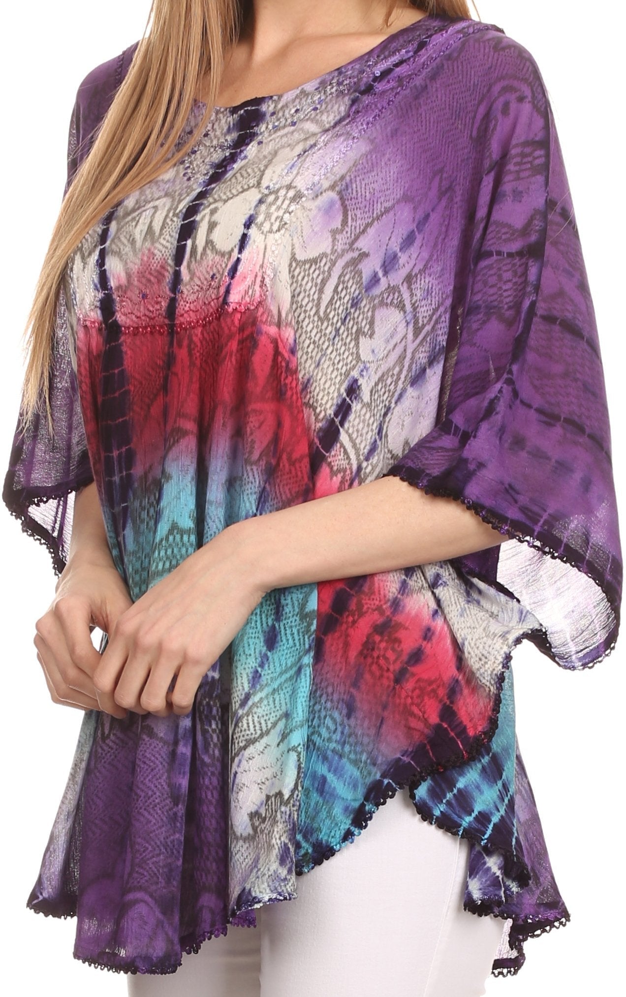 Sakkas - Ellesa Ombre Tie Dye Circle Poncho Blouse Shirt Top With Sequin Embroidery