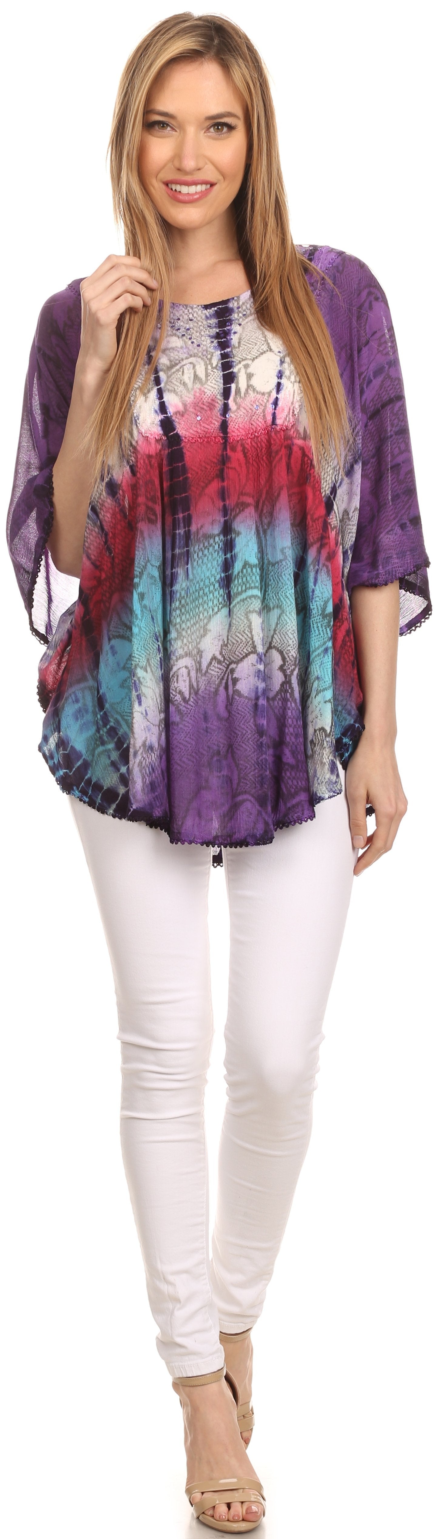 Sakkas - Ellesa Ombre Tie Dye Circle Poncho Blouse Shirt Top With Sequin Embroidery