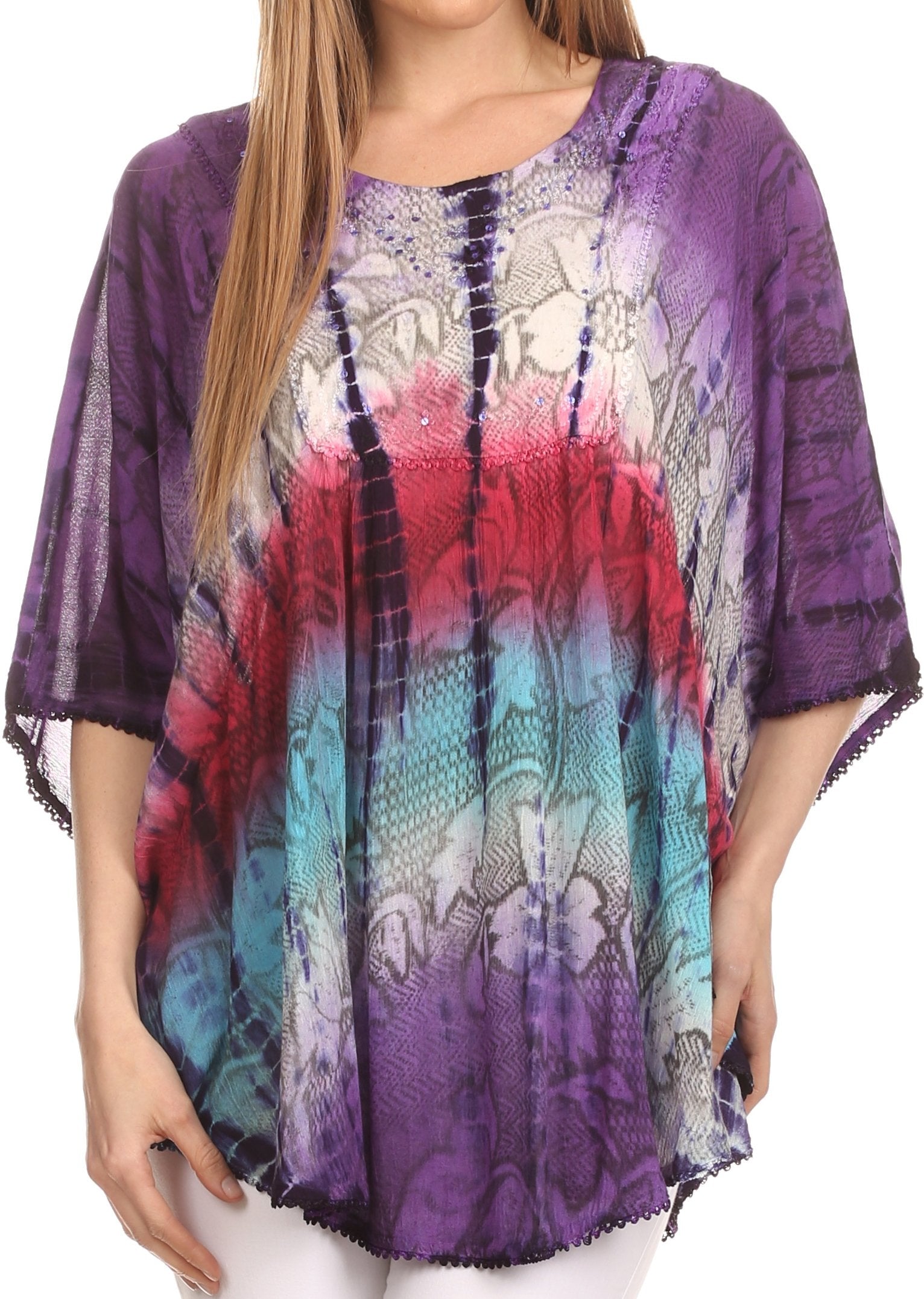Sakkas - Ellesa Ombre Tie Dye Circle Poncho Blouse Shirt Top With Sequin Embroidery