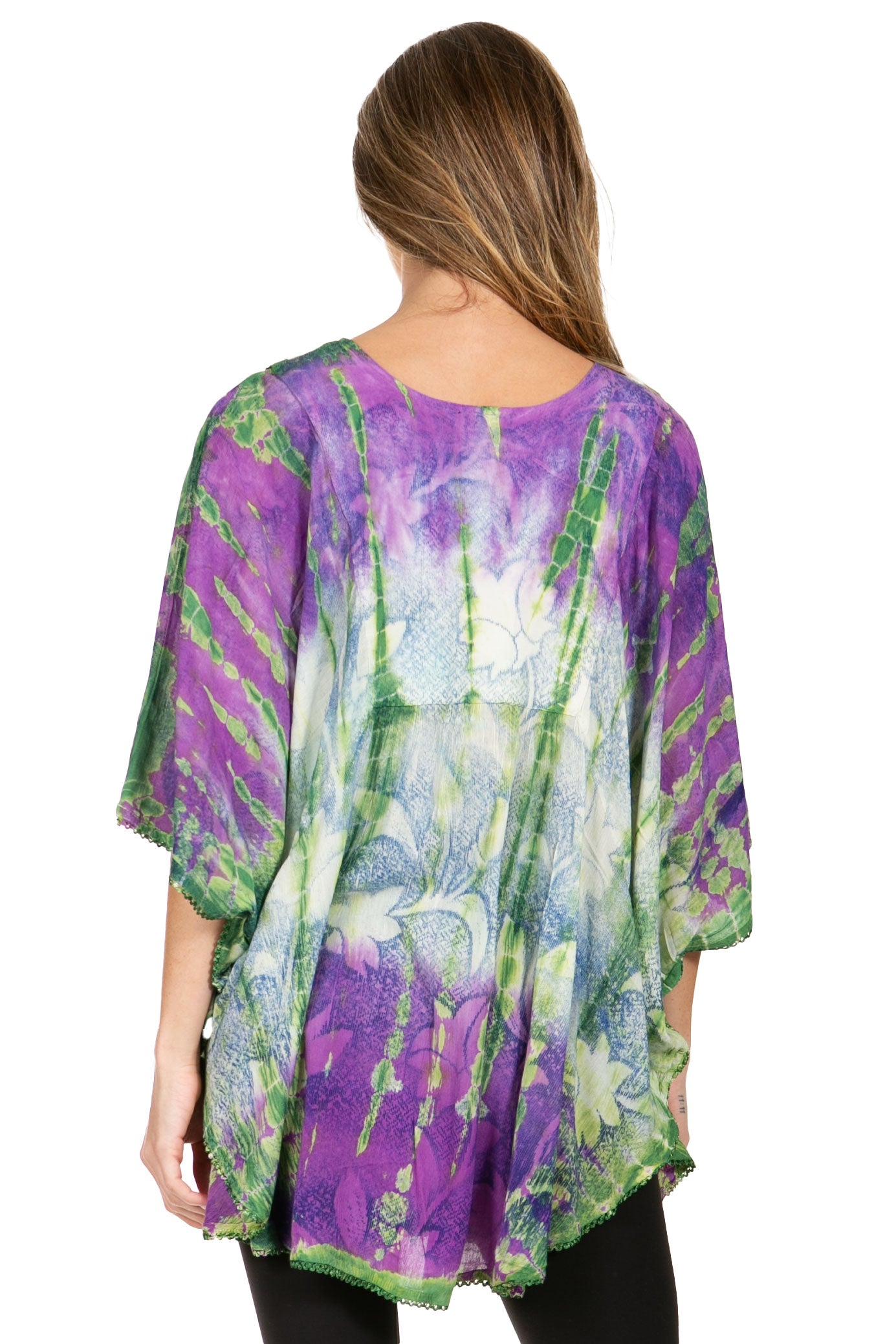 Sakkas - Ellesa Ombre Tie Dye Circle Poncho Blouse Shirt Top With Sequin Embroidery