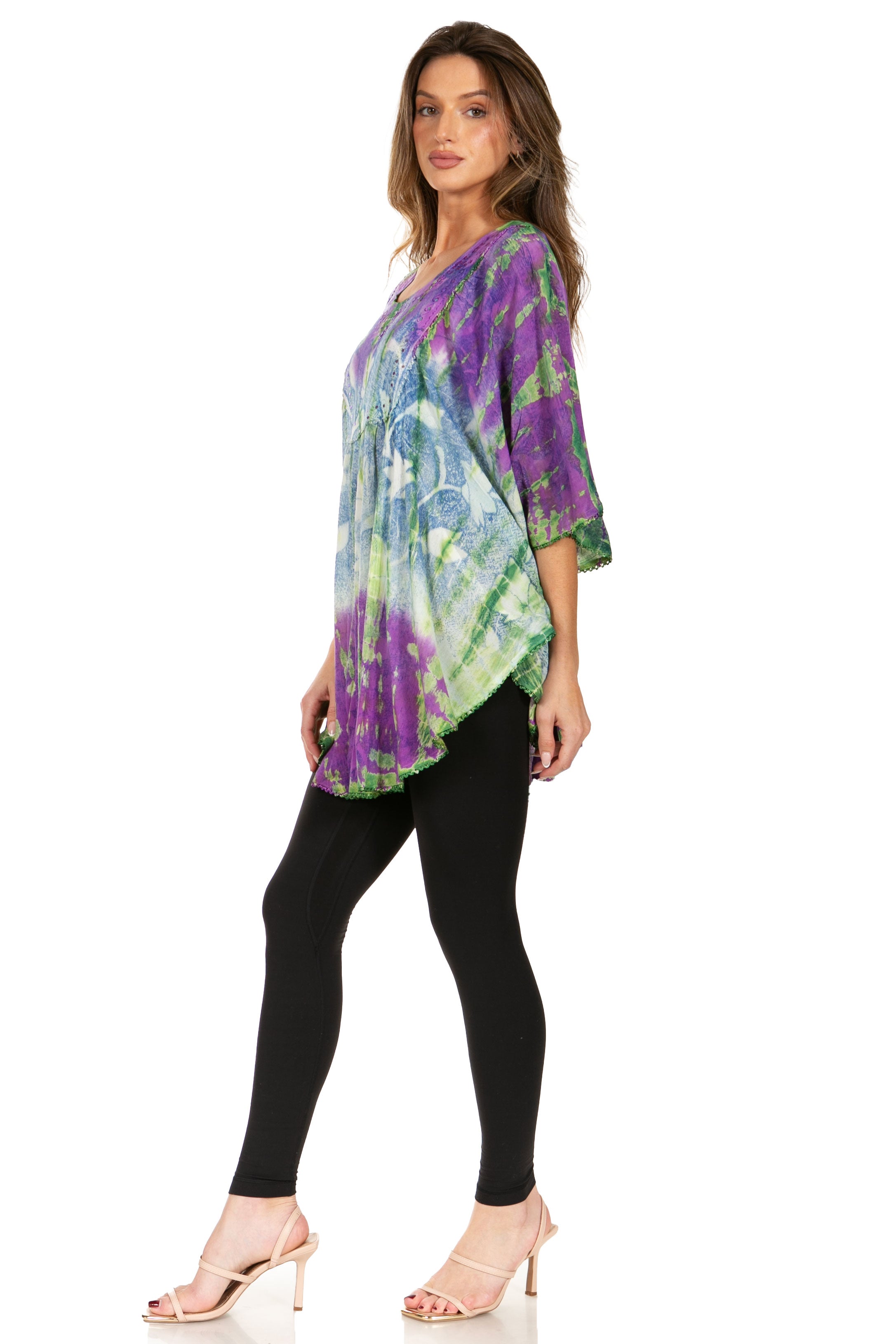 Sakkas - Ellesa Ombre Tie Dye Circle Poncho Blouse Shirt Top With Sequin Embroidery