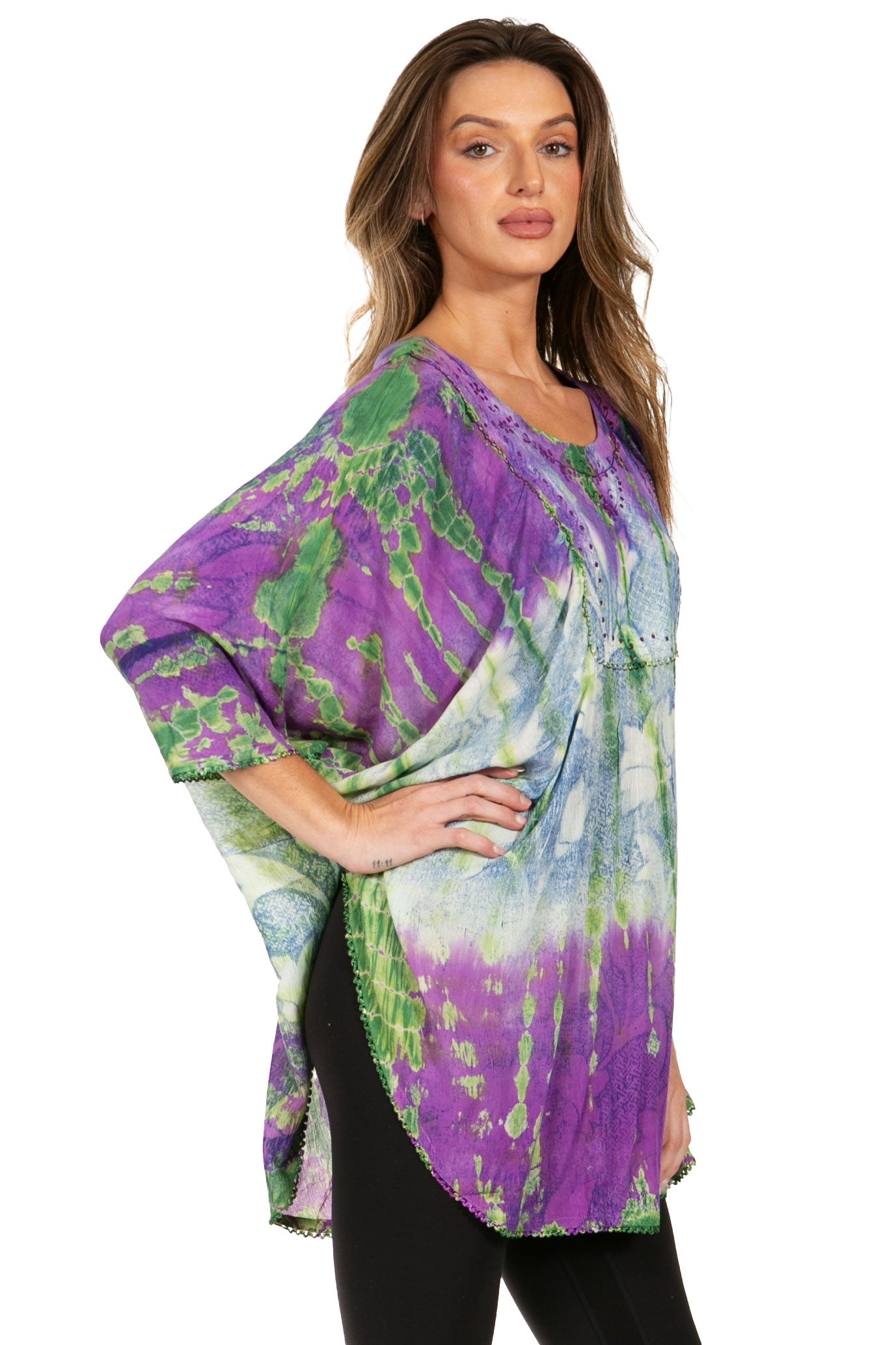 Sakkas - Ellesa Ombre Tie Dye Circle Poncho Blouse Shirt Top With Sequin Embroidery