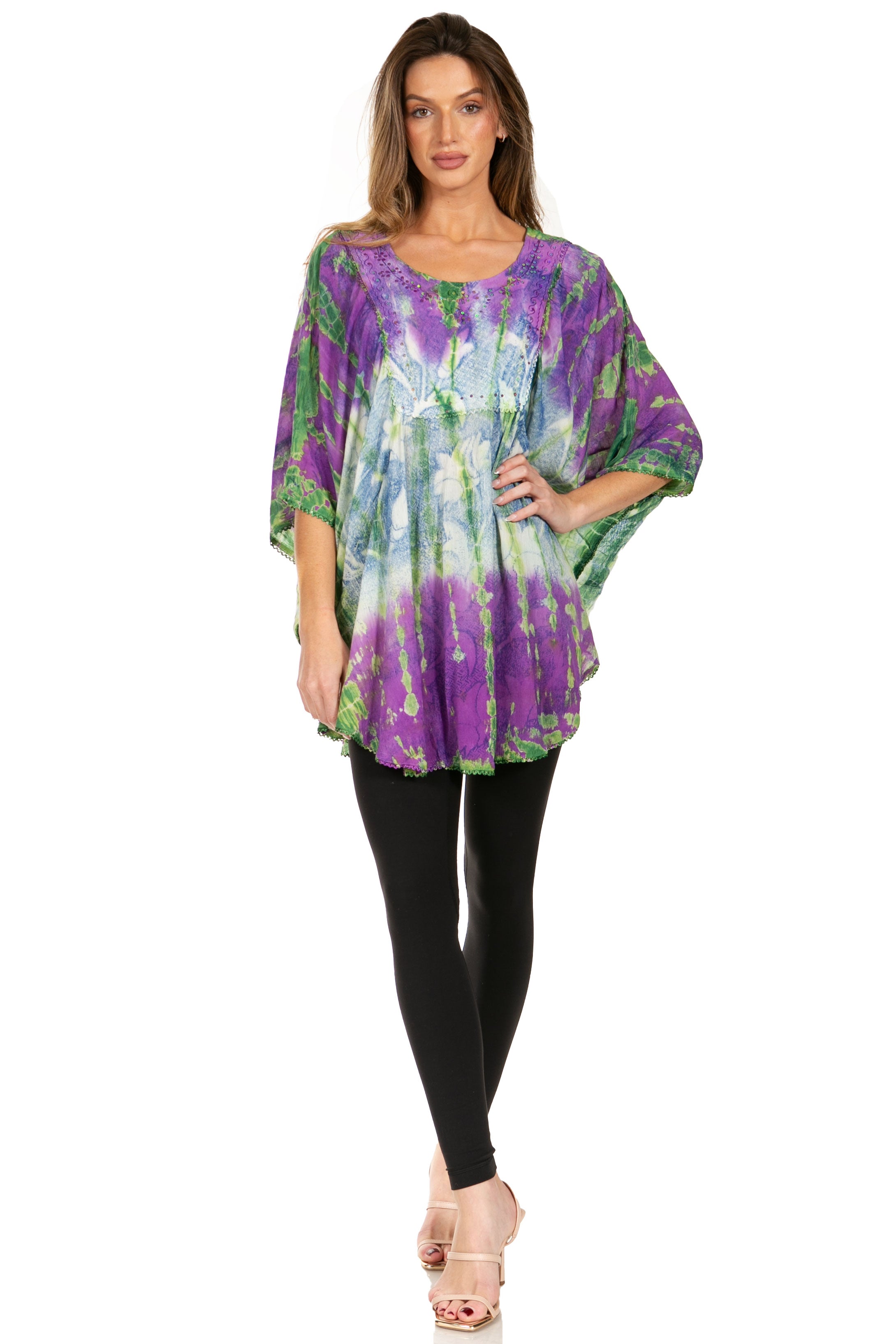 Sakkas - Ellesa Ombre Tie Dye Circle Poncho Blouse Shirt Top With Sequin Embroidery
