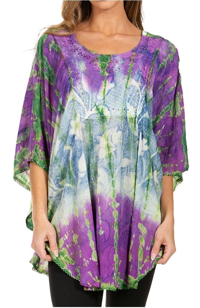 Sakkas - Ellesa Ombre Tie Dye Circle Poncho Blouse Shirt Top With Sequin Embroidery