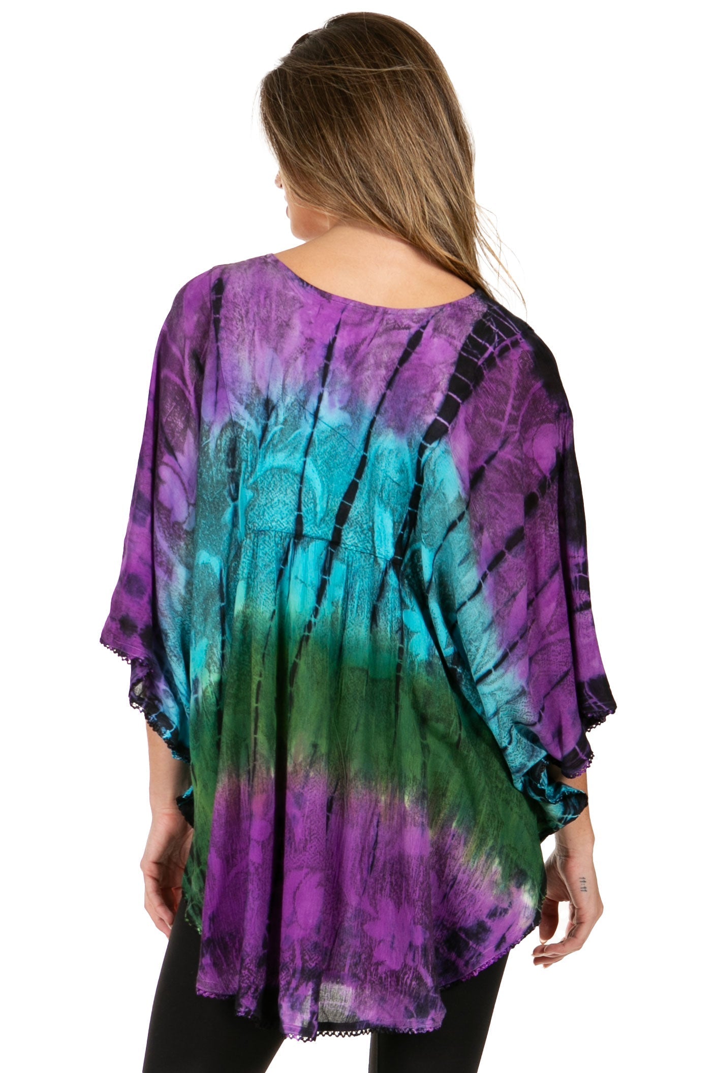Sakkas - Ellesa Ombre Tie Dye Circle Poncho Blouse Shirt Top With Sequin Embroidery