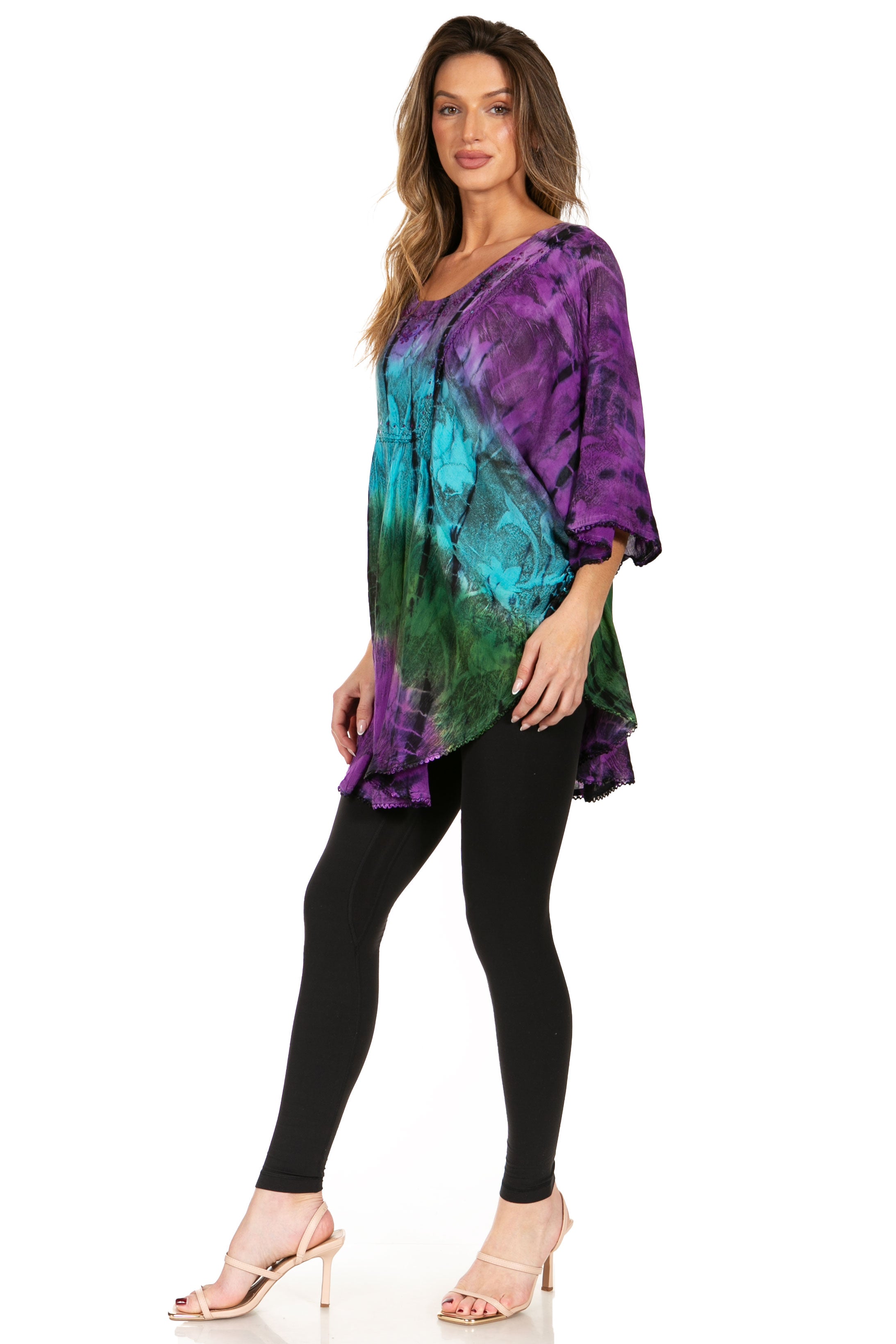 Sakkas - Ellesa Ombre Tie Dye Circle Poncho Blouse Shirt Top With Sequin Embroidery