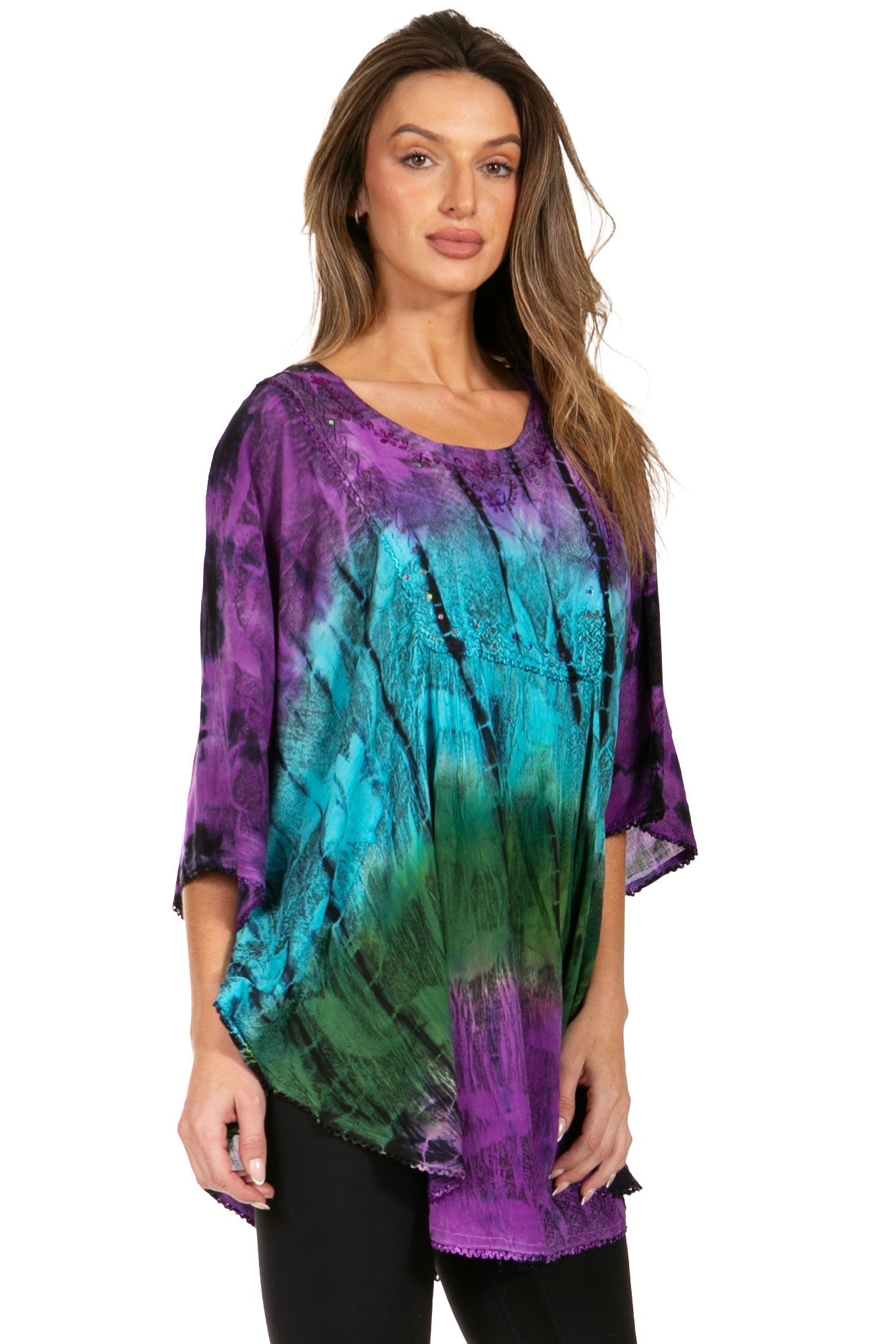 Sakkas - Ellesa Ombre Tie Dye Circle Poncho Blouse Shirt Top With Sequin Embroidery