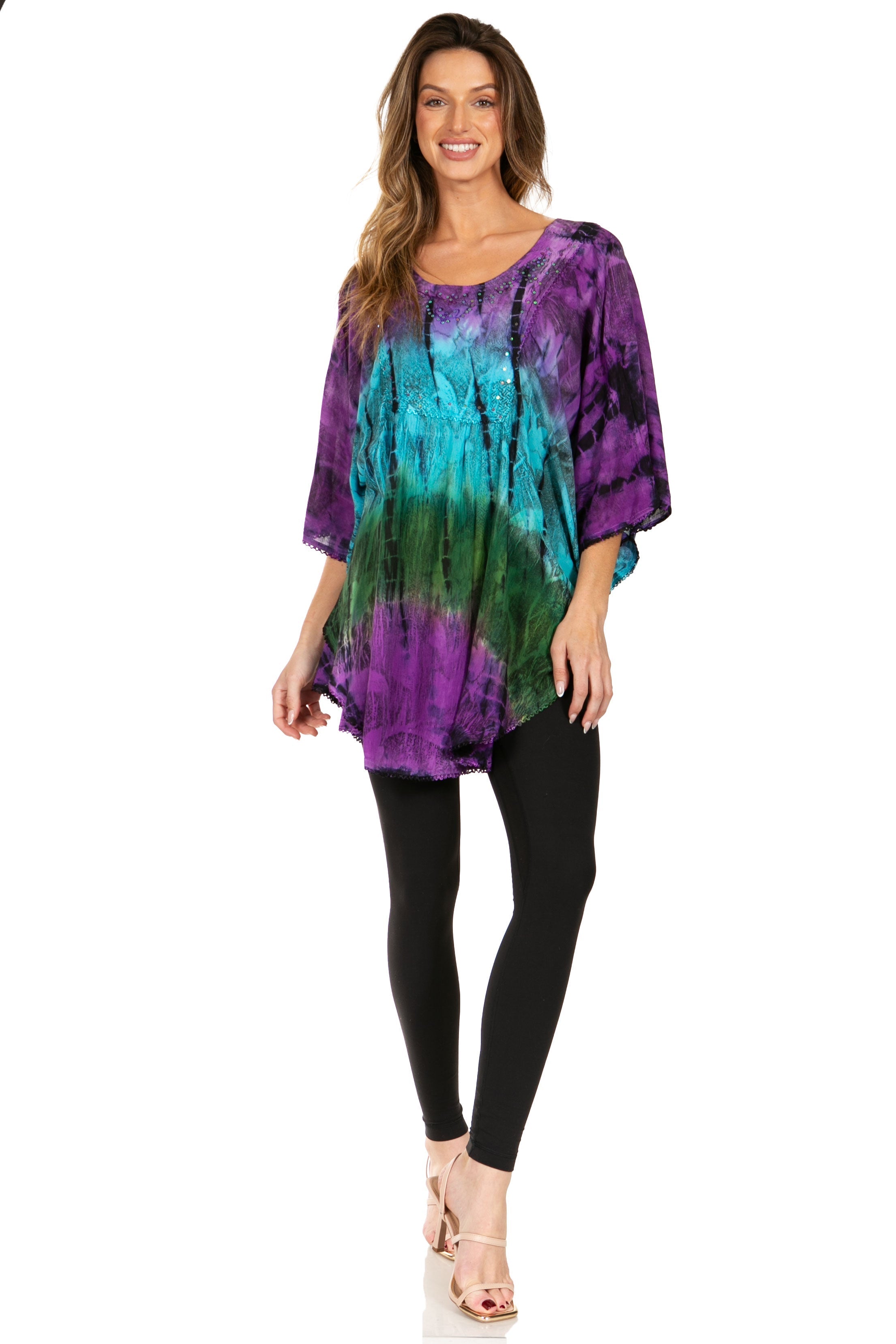 Sakkas - Ellesa Ombre Tie Dye Circle Poncho Blouse Shirt Top With Sequin Embroidery