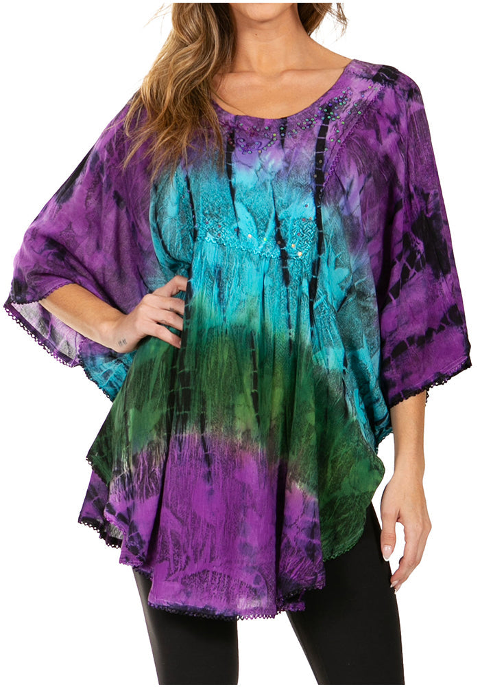 Sakkas - Ellesa Ombre Tie Dye Circle Poncho Blouse Shirt Top With Sequin Embroidery