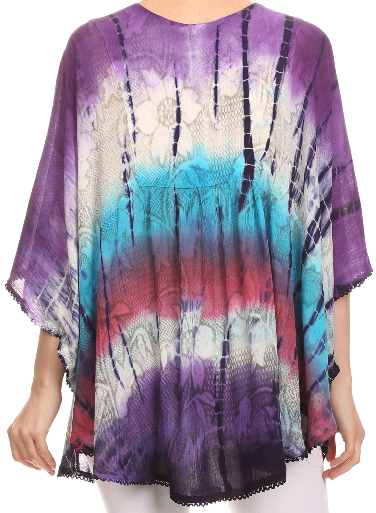 Sakkas - Ellesa Ombre Tie Dye Circle Poncho Blouse Shirt Top With Sequin Embroidery