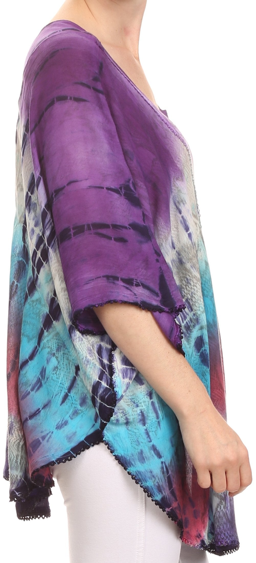 Sakkas - Ellesa Ombre Tie Dye Circle Poncho Blouse Shirt Top With Sequin Embroidery