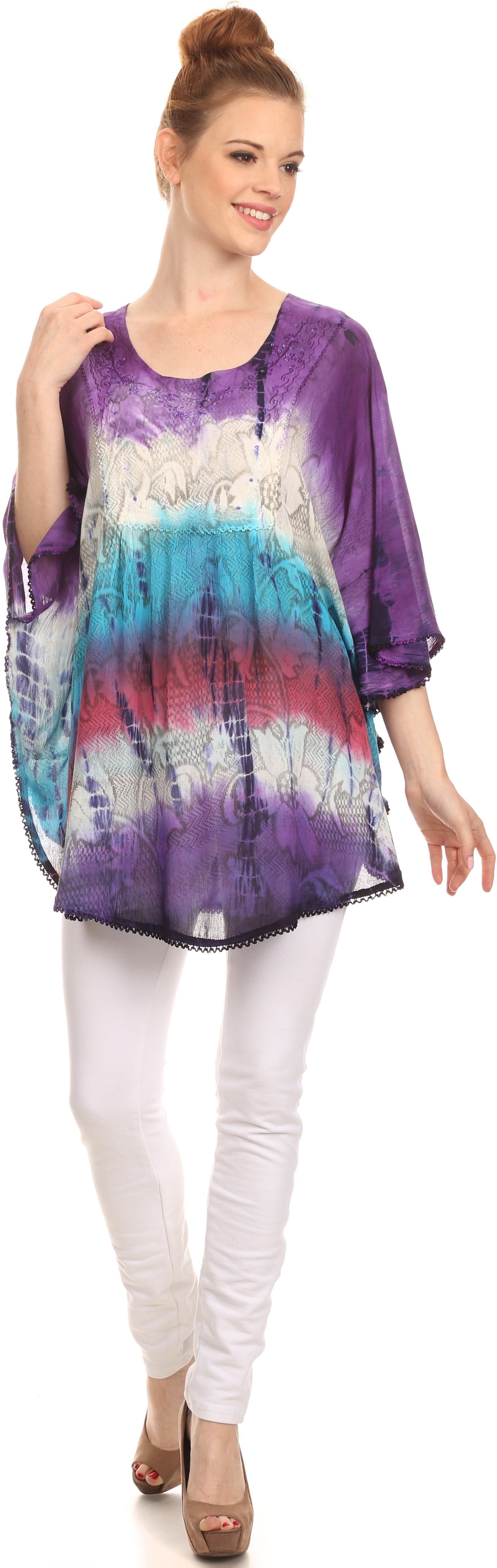 Sakkas - Ellesa Ombre Tie Dye Circle Poncho Blouse Shirt Top With Sequin Embroidery