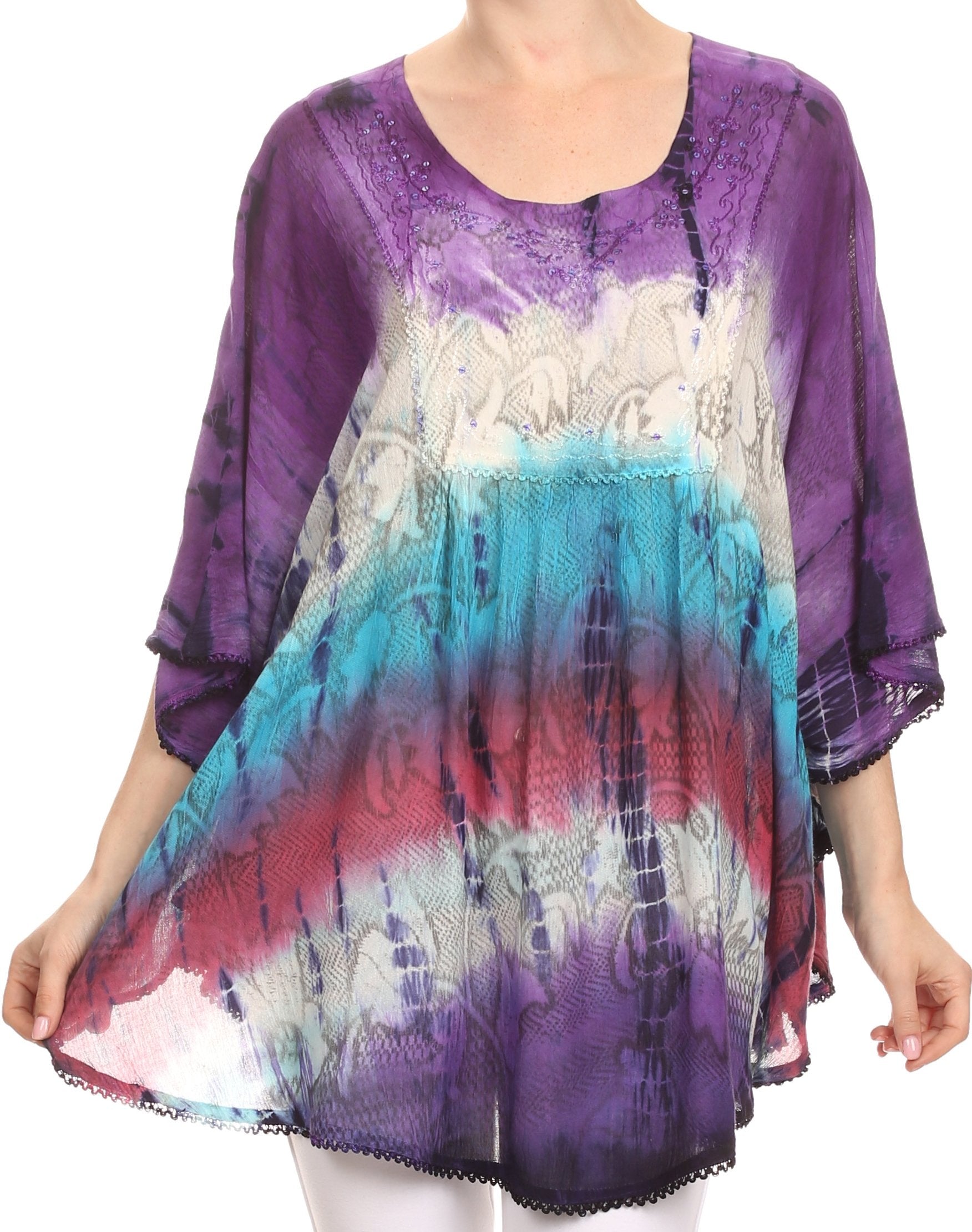 Sakkas - Ellesa Ombre Tie Dye Circle Poncho Blouse Shirt Top With Sequin Embroidery
