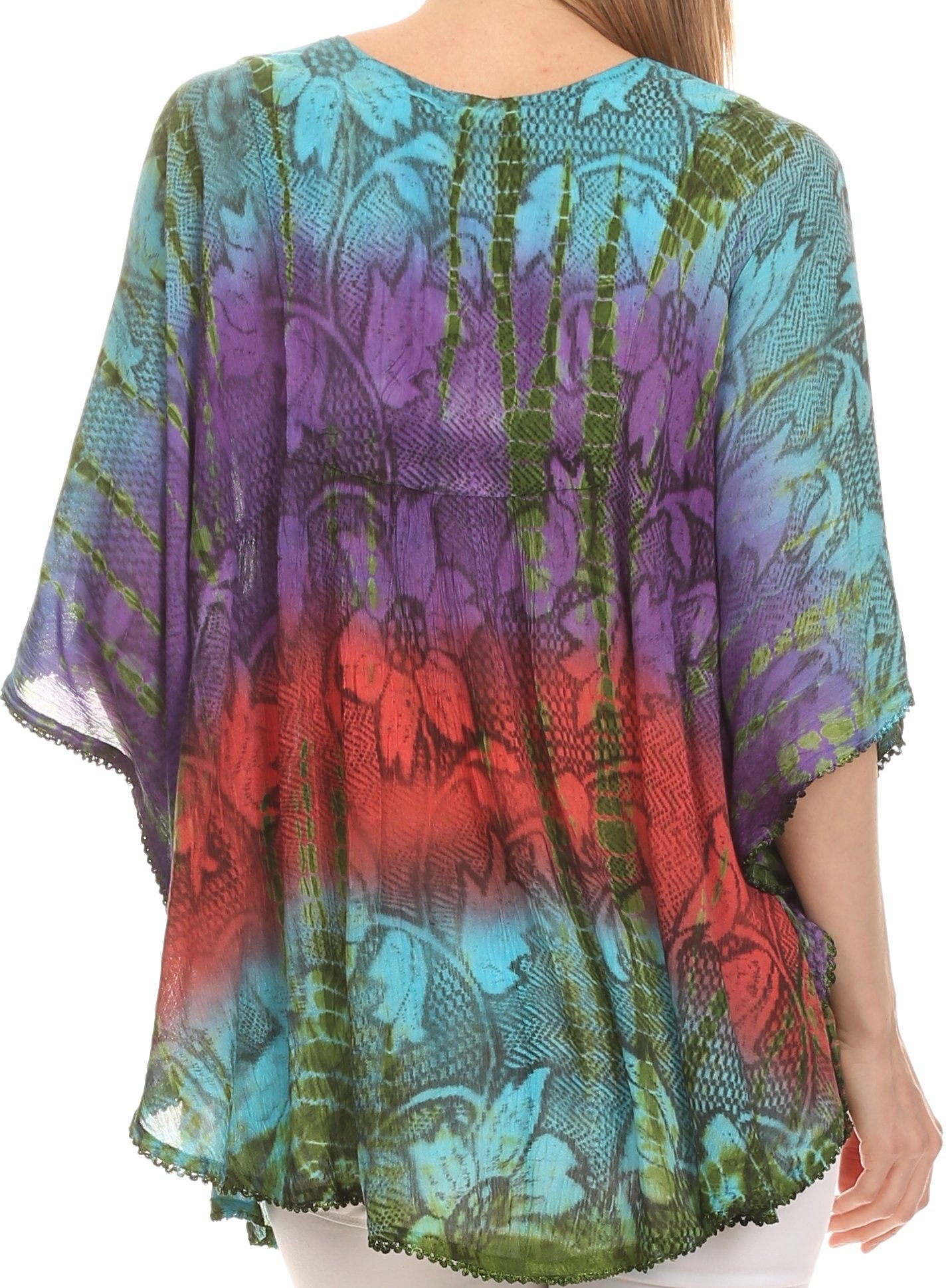 Sakkas - Ellesa Ombre Tie Dye Circle Poncho Blouse Shirt Top With Sequin Embroidery