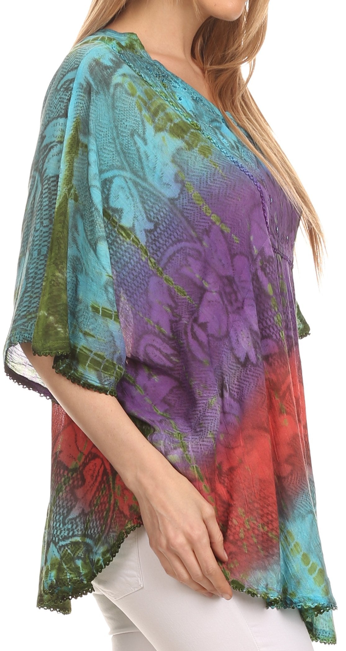 Sakkas - Ellesa Ombre Tie Dye Circle Poncho Blouse Shirt Top With Sequin Embroidery