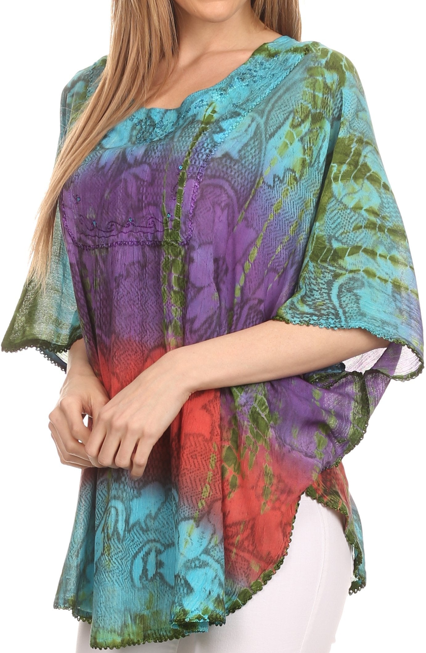 Sakkas - Ellesa Ombre Tie Dye Circle Poncho Blouse Shirt Top With Sequin Embroidery