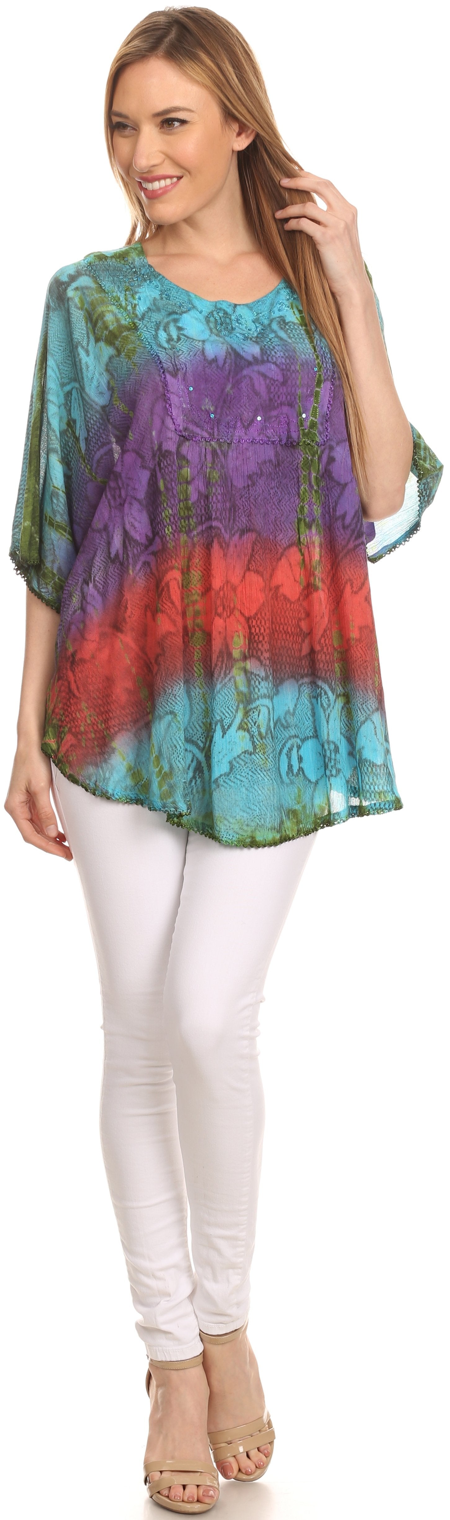Sakkas - Ellesa Ombre Tie Dye Circle Poncho Blouse Shirt Top With Sequin Embroidery