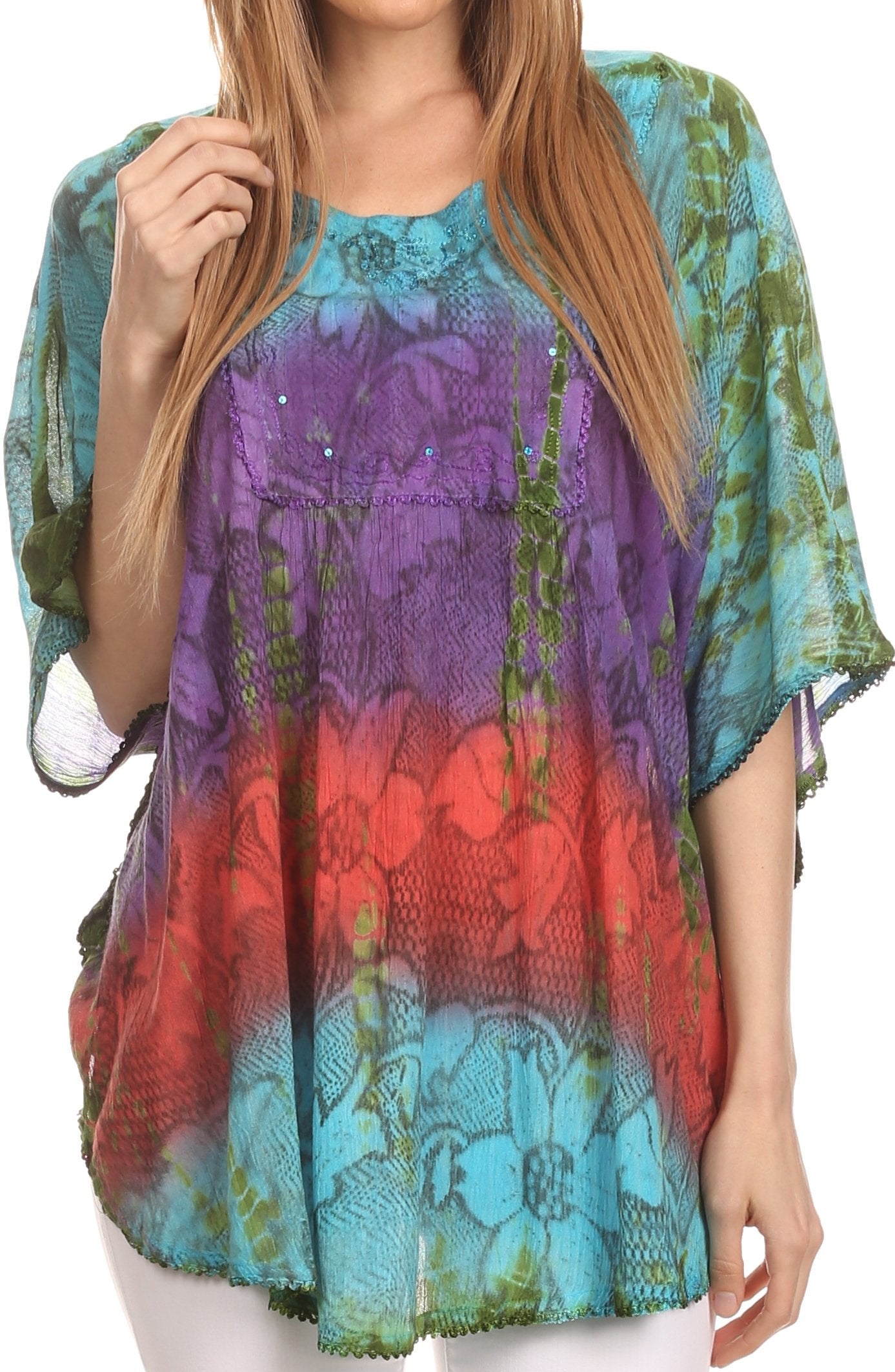 Sakkas - Ellesa Ombre Tie Dye Circle Poncho Blouse Shirt Top With Sequin Embroidery