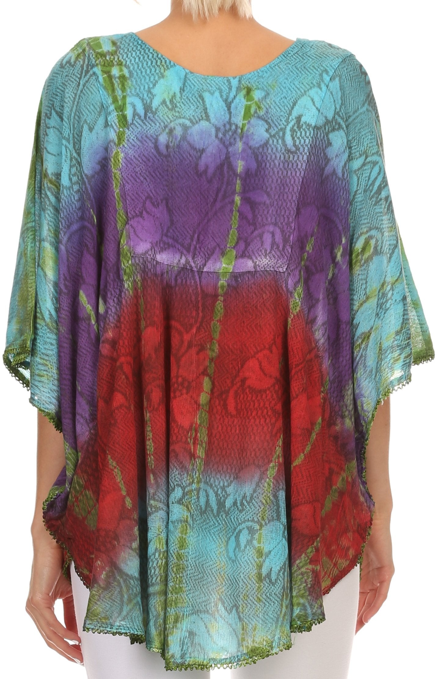 Sakkas - Ellesa Ombre Tie Dye Circle Poncho Blouse Shirt Top With Sequin Embroidery