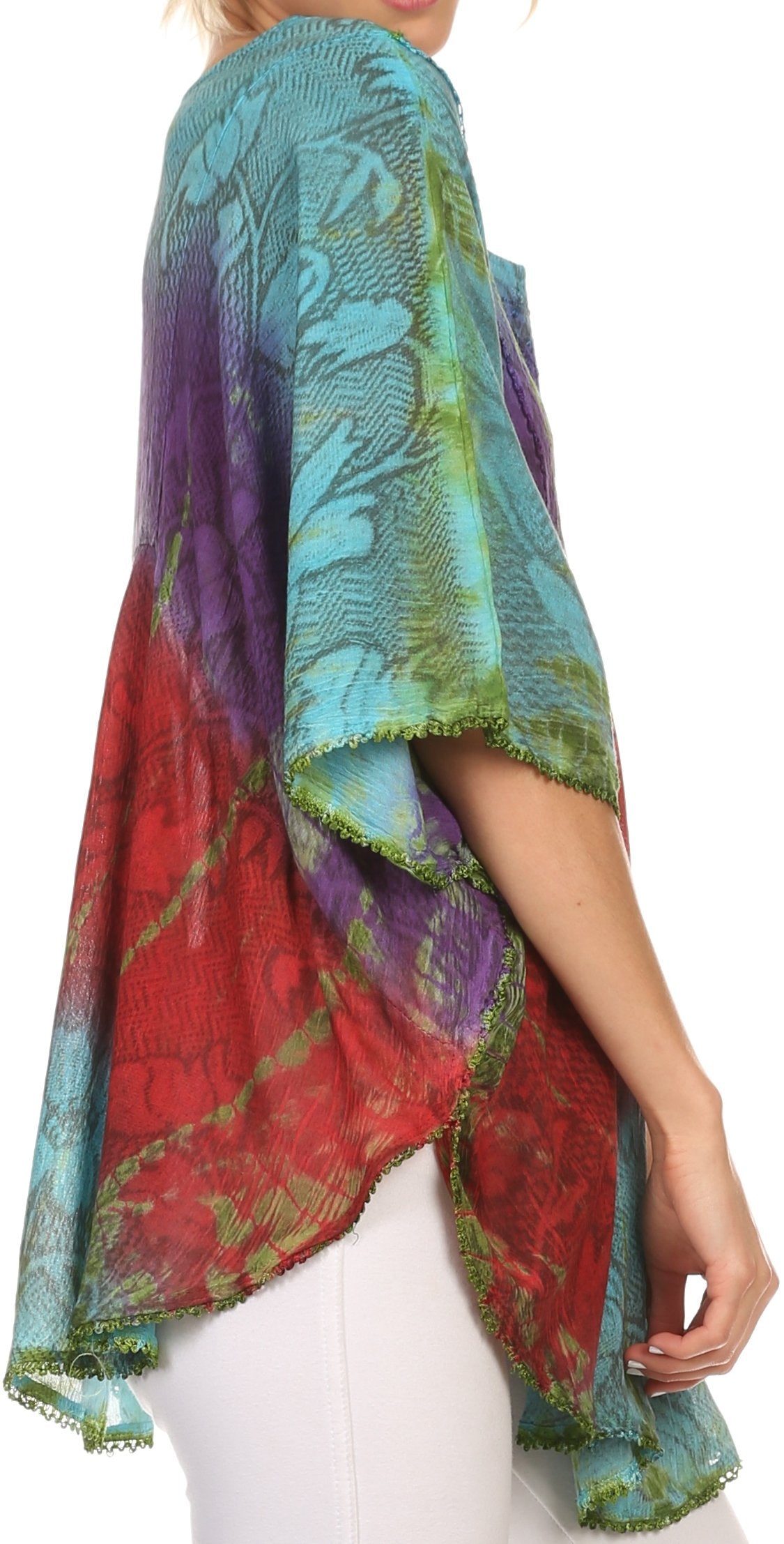 Sakkas - Ellesa Ombre Tie Dye Circle Poncho Blouse Shirt Top With Sequin Embroidery