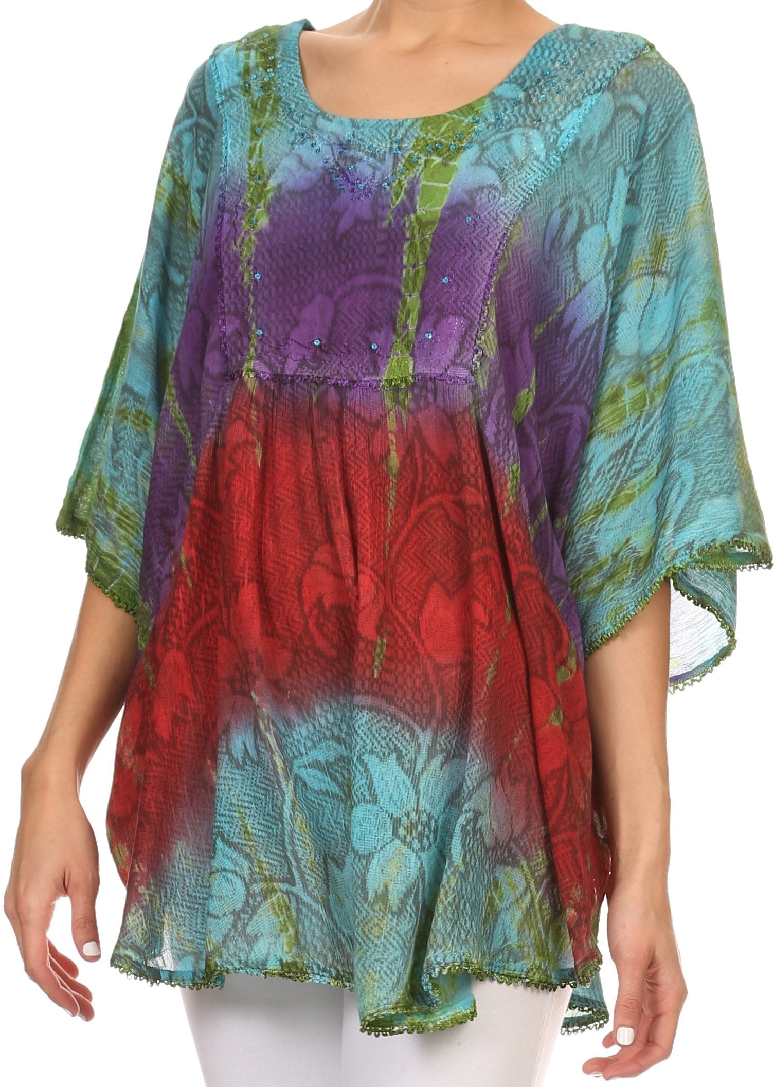Sakkas - Ellesa Ombre Tie Dye Circle Poncho Blouse Shirt Top With Sequin Embroidery
