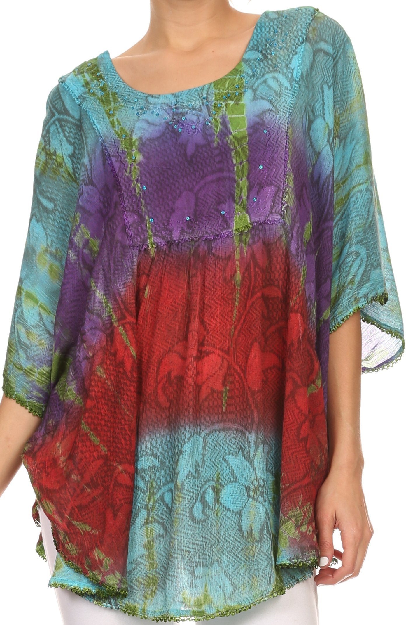 Sakkas - Ellesa Ombre Tie Dye Circle Poncho Blouse Shirt Top With Sequin Embroidery