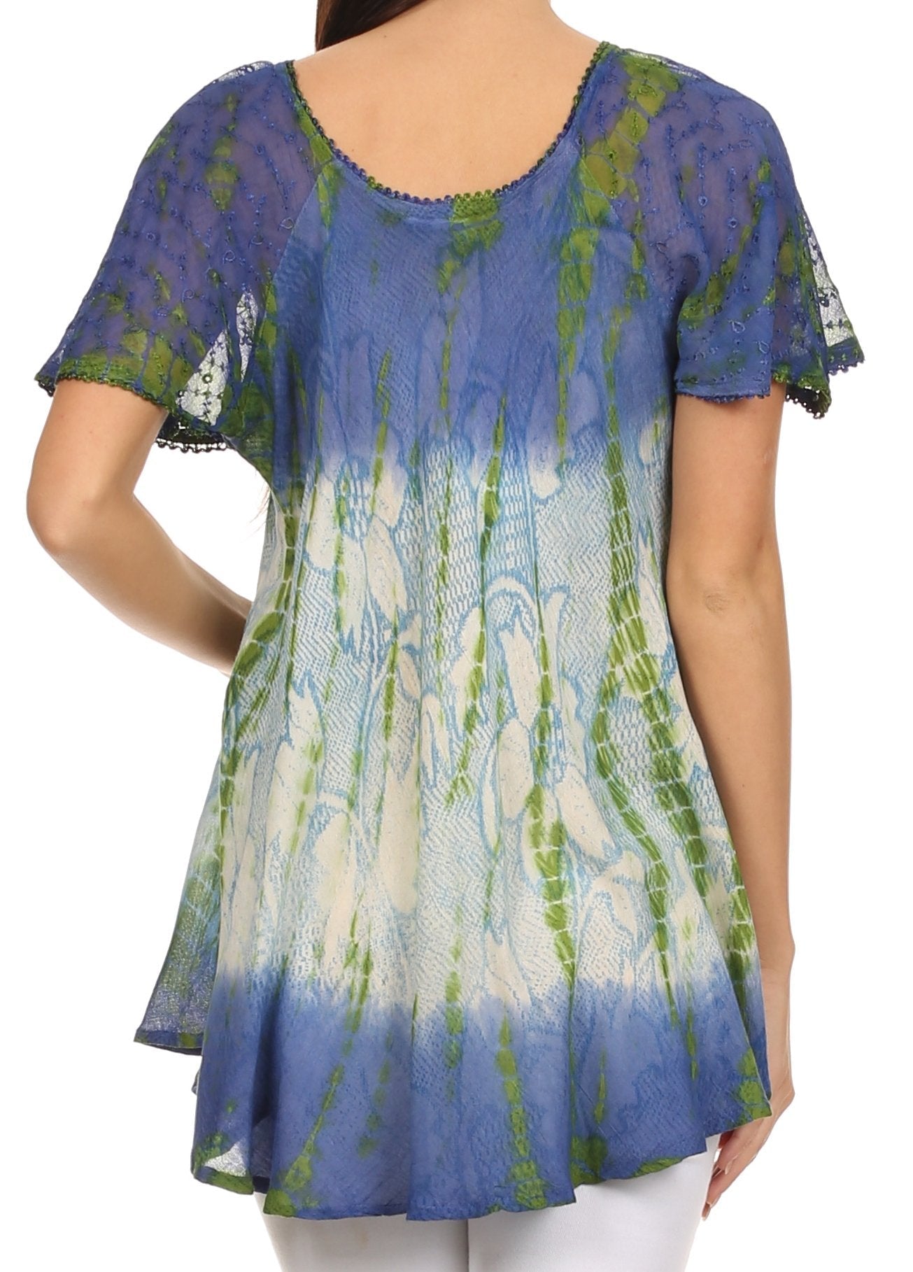 Sakkas - Dina Relaxed Fit Sequin Tie Dye Embroidery Cap Sleeves Blouse