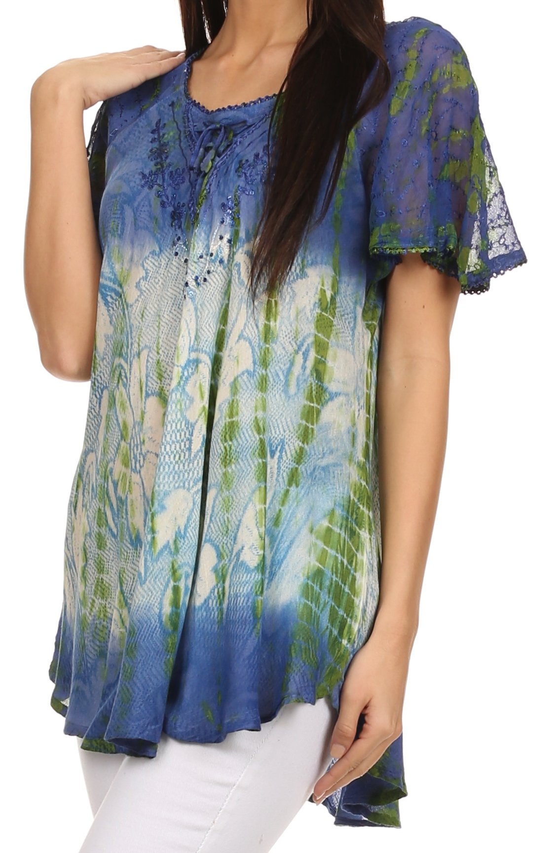 Sakkas - Dina Relaxed Fit Sequin Tie Dye Embroidery Cap Sleeves Blouse