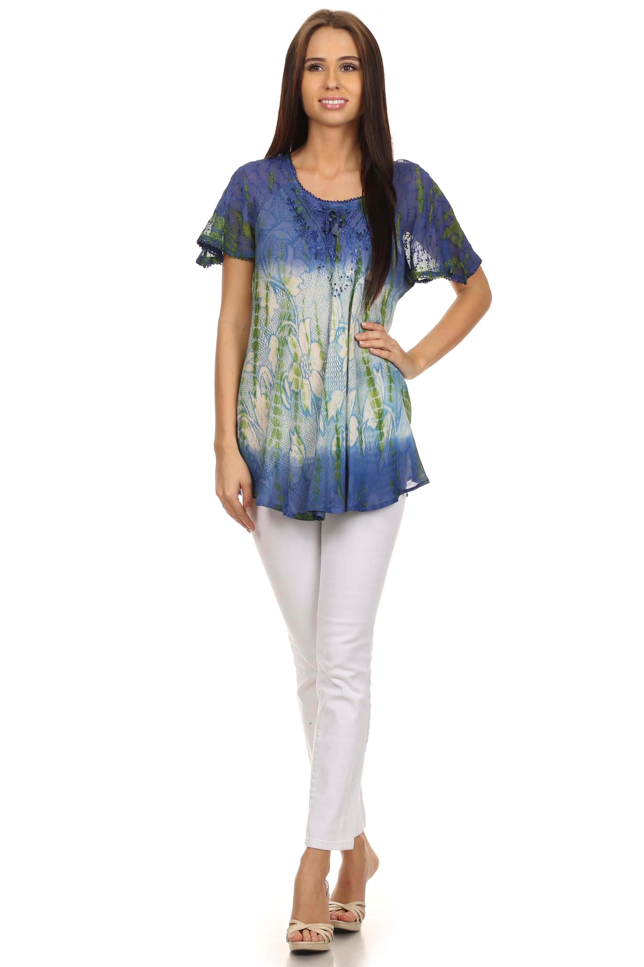 Sakkas - Dina Relaxed Fit Sequin Tie Dye Embroidery Cap Sleeves Blouse