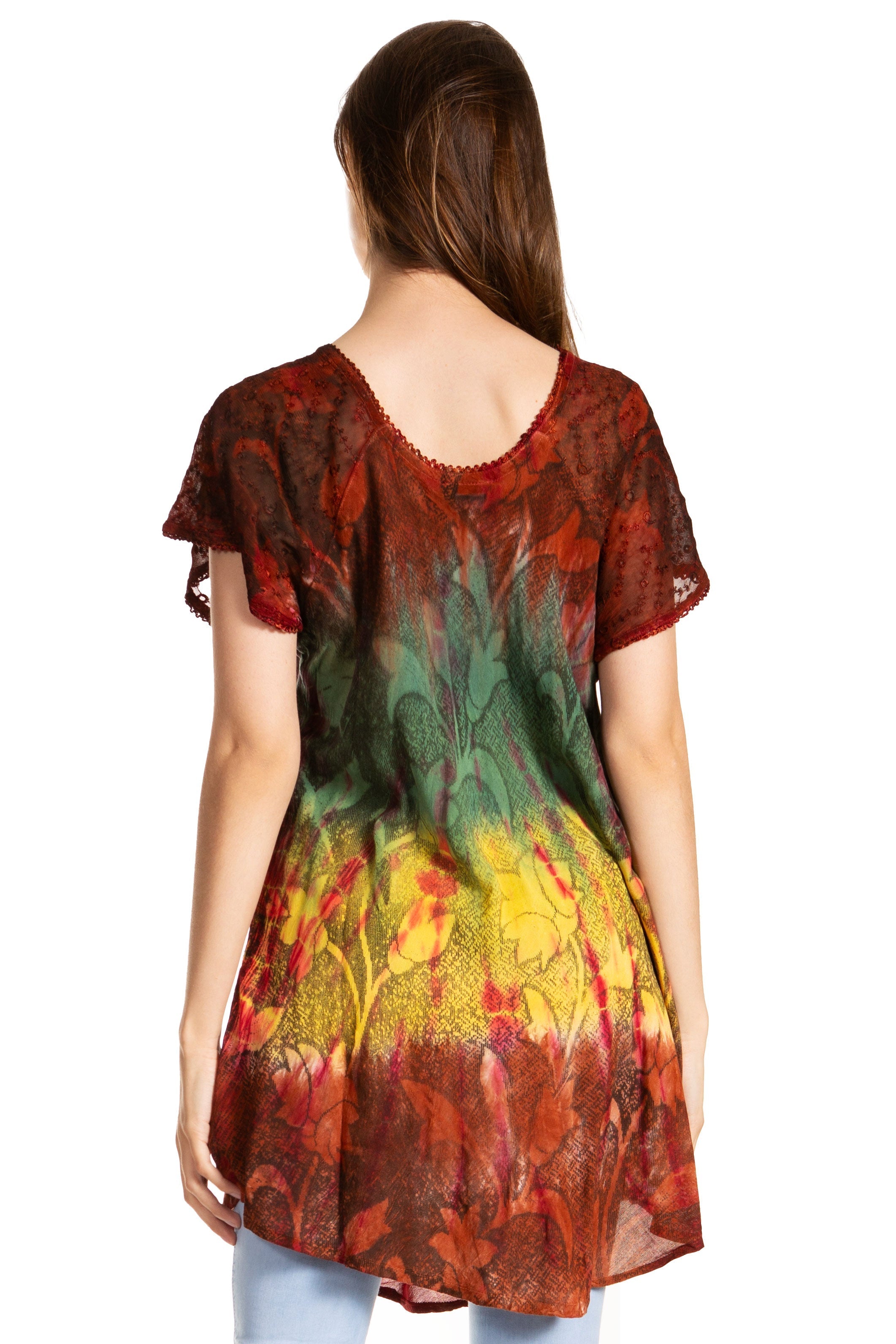 Sakkas - Dina Relaxed Fit Sequin Tie Dye Embroidery Cap Sleeves Blouse