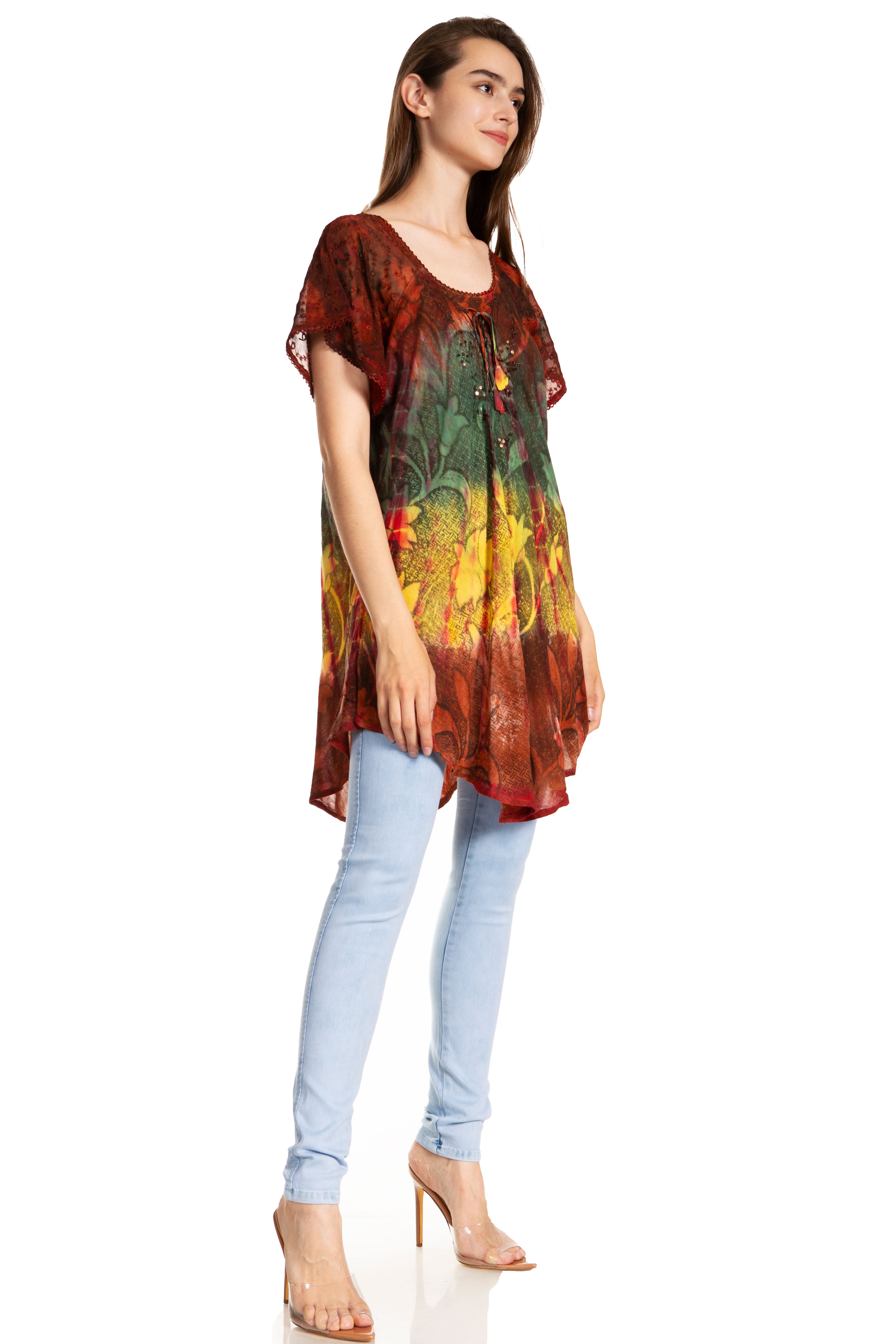 Sakkas - Dina Relaxed Fit Sequin Tie Dye Embroidery Cap Sleeves Blouse