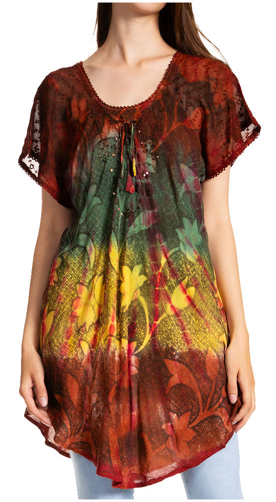 Sakkas - Dina Relaxed Fit Sequin Tie Dye Embroidery Cap Sleeves Blouse