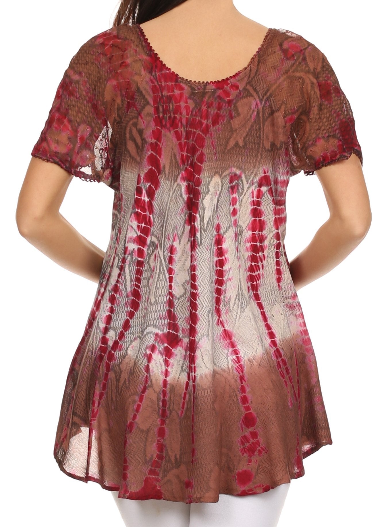 Sakkas - Dina Relaxed Fit Sequin Tie Dye Embroidery Cap Sleeves Blouse