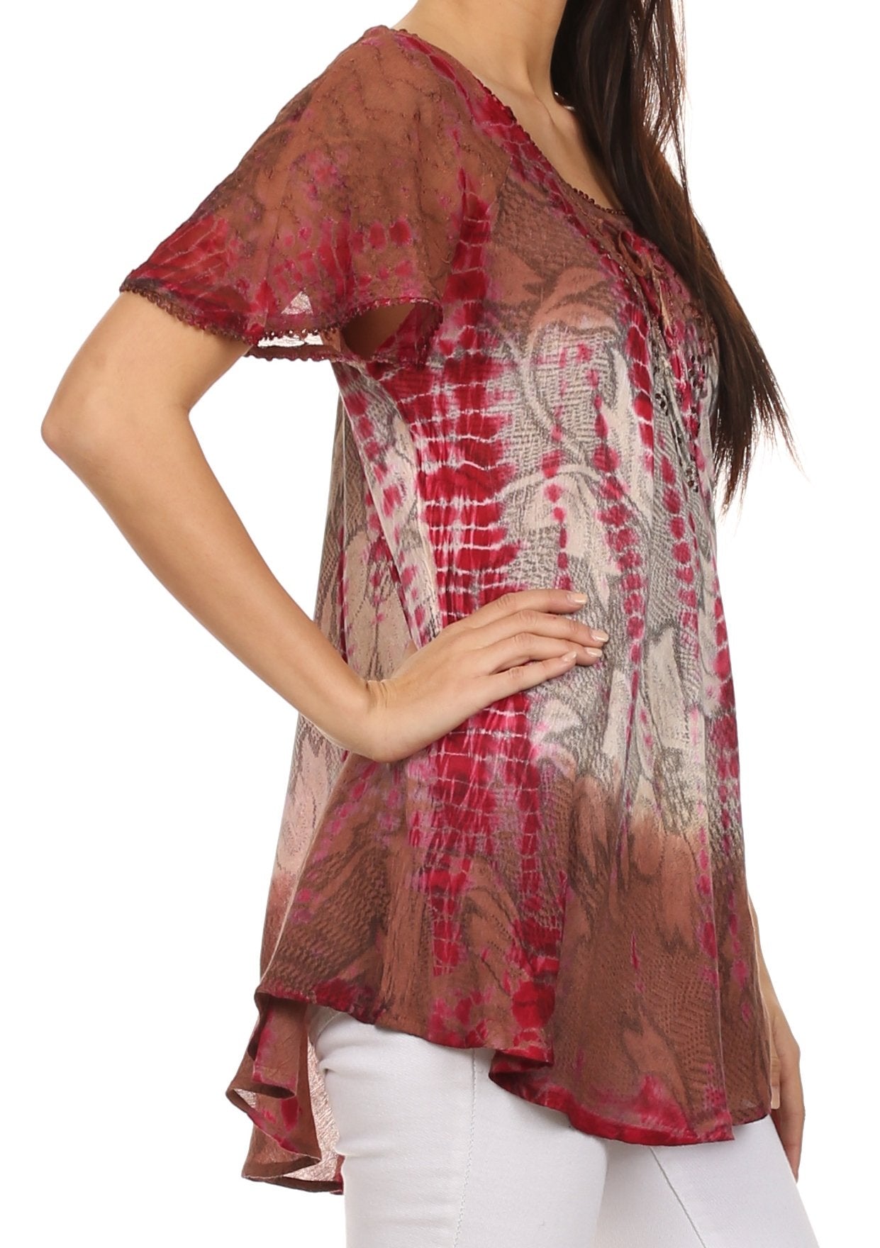 Sakkas - Dina Relaxed Fit Sequin Tie Dye Embroidery Cap Sleeves Blouse