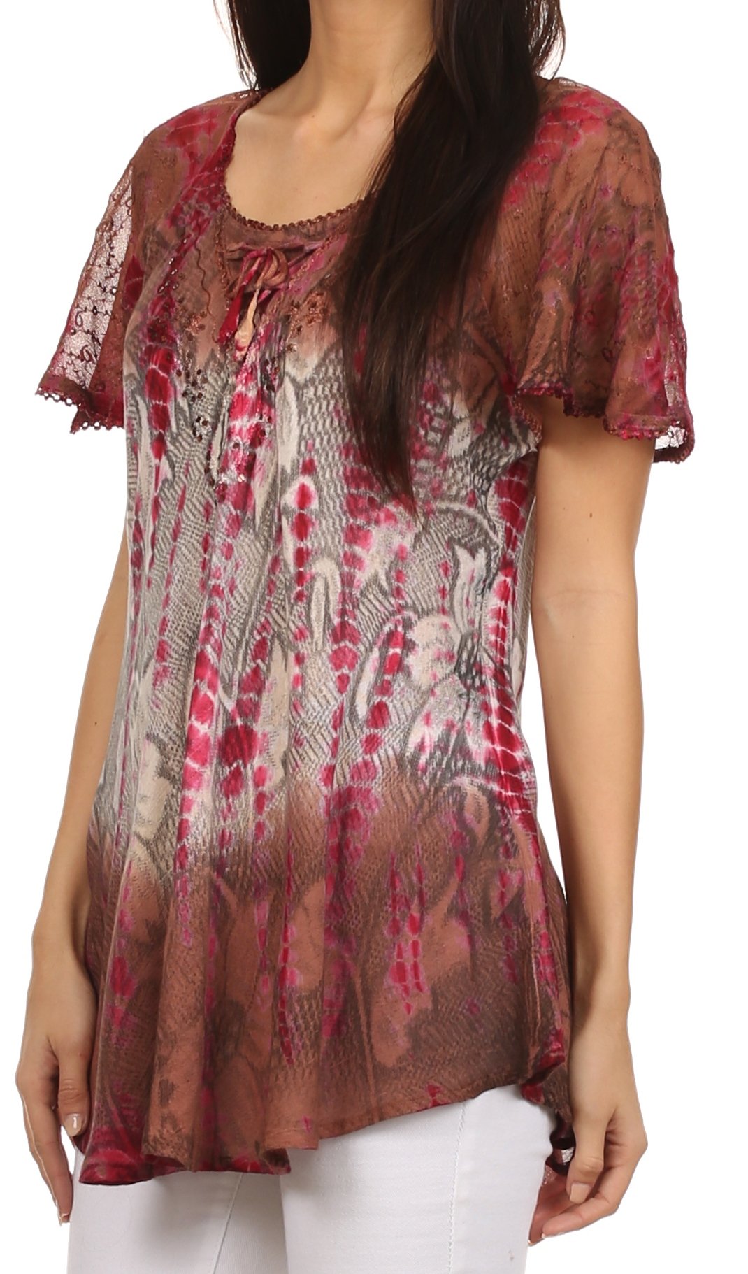 Sakkas - Dina Relaxed Fit Sequin Tie Dye Embroidery Cap Sleeves Blouse