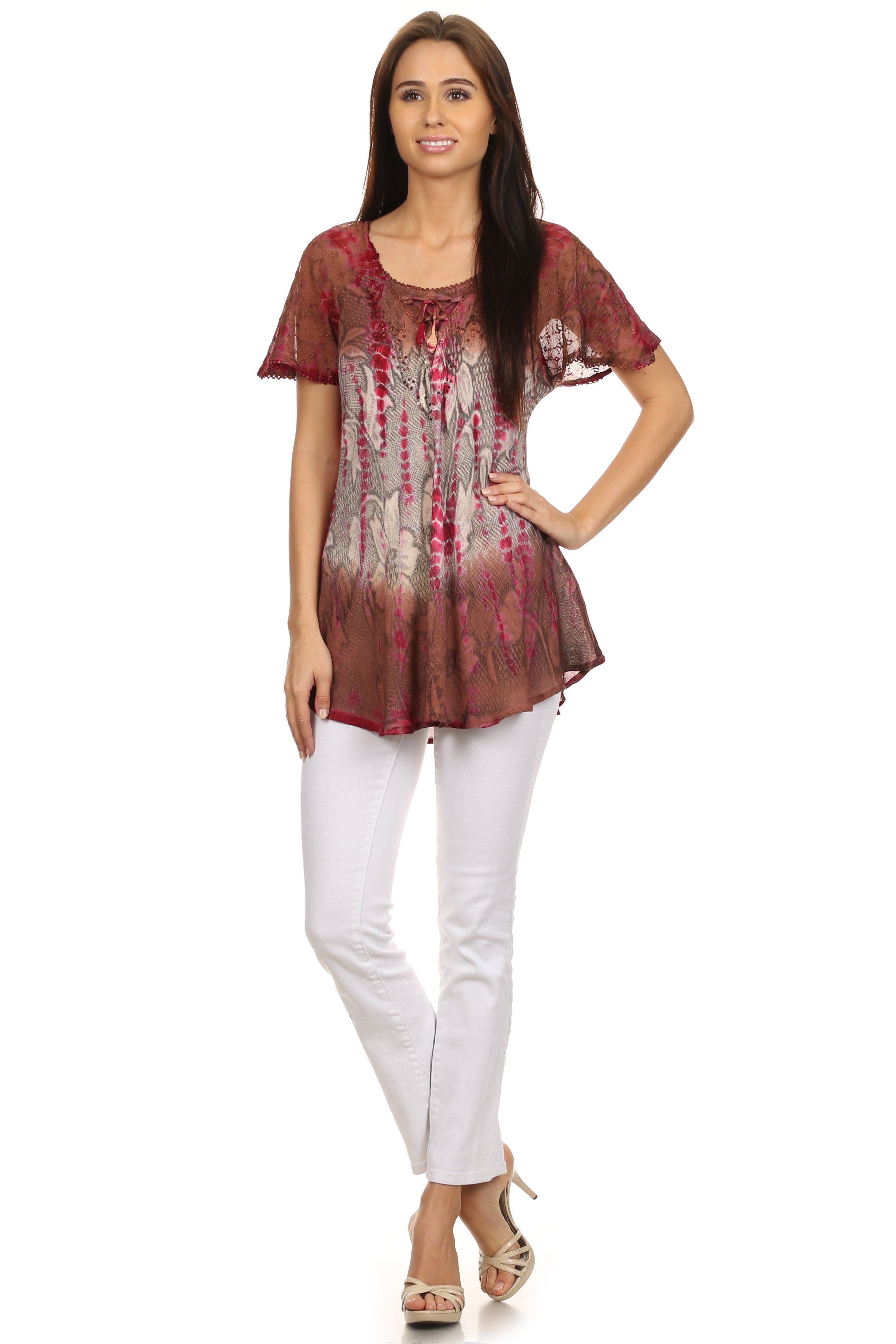 Sakkas - Dina Relaxed Fit Sequin Tie Dye Embroidery Cap Sleeves Blouse